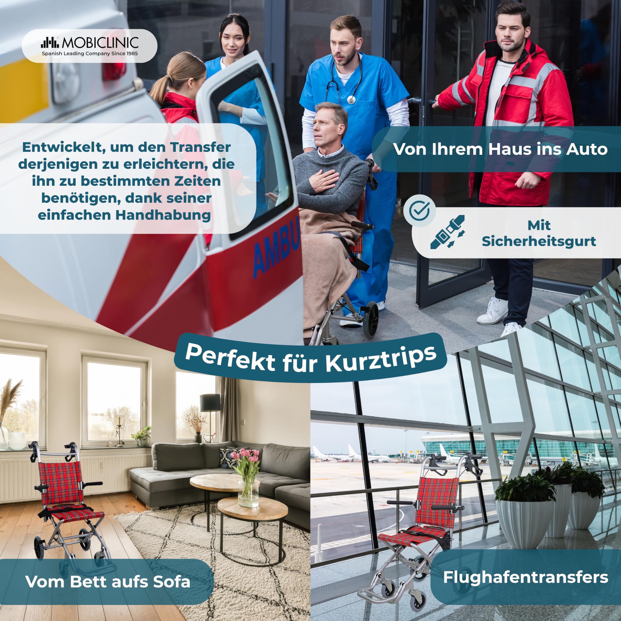 Mobiclinic®, Transitrollstuhl, Modell Neptuno, Aluminium, Klappbar, Bremse an den Griffen, Europäische Marke, Klappbare Fußstützen, Klappbare Armlehnen, Leichtgewicht, mit Sicherheitsgurt