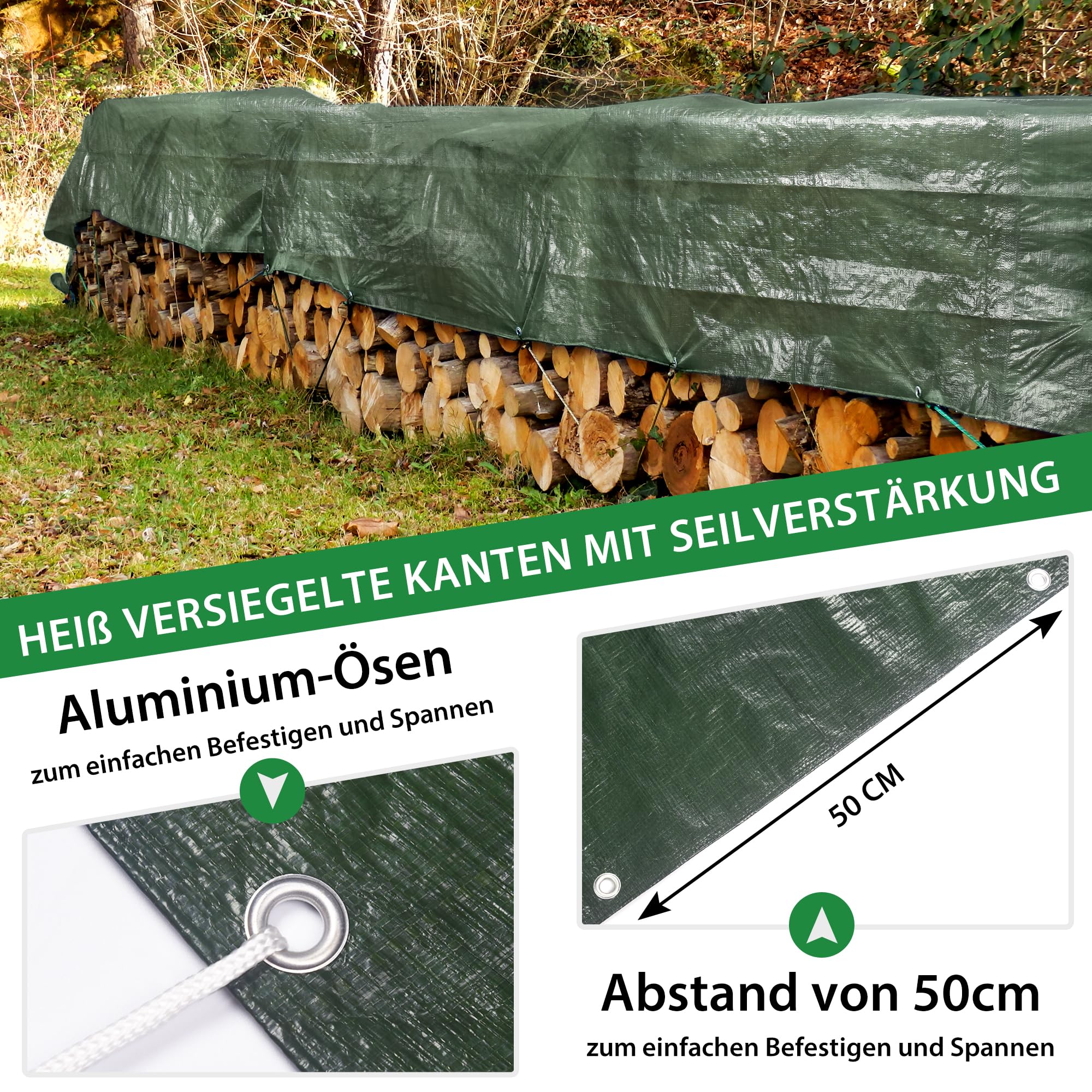 jarolift Abdeckplane Poolabdeckung Gewebeplane, Plane aus Polyethylen-Gewebe 90 g/qm, Wasserdicht Schimmelresistent Reißfest, 8 x 10 m, Grün