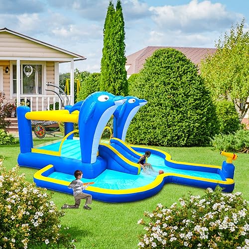 Tobogán acuático inflable para patio, jardín, casa inflable de gran rebote con diseño de rociador de delfines con soplador, kit de montaje de
