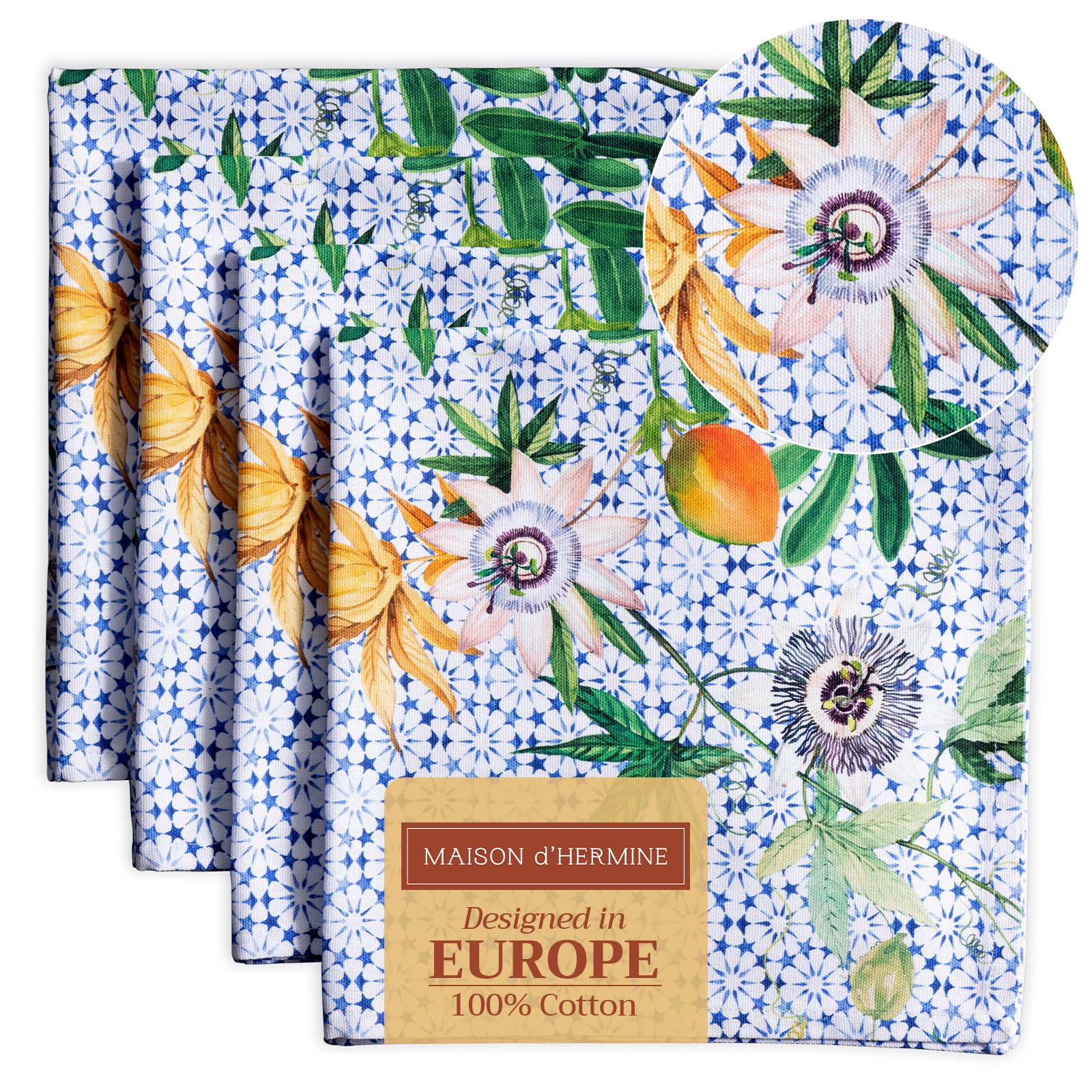 Maison d' Hermine Cloth Napkins Set of 4 100% Cotton Everyday Reusable Square Napkins Cloth Washable Kitchen Dinner Hotel Party Wedding Restaurant Spring Summer (Passiflora, 45 cm x 45 cm)