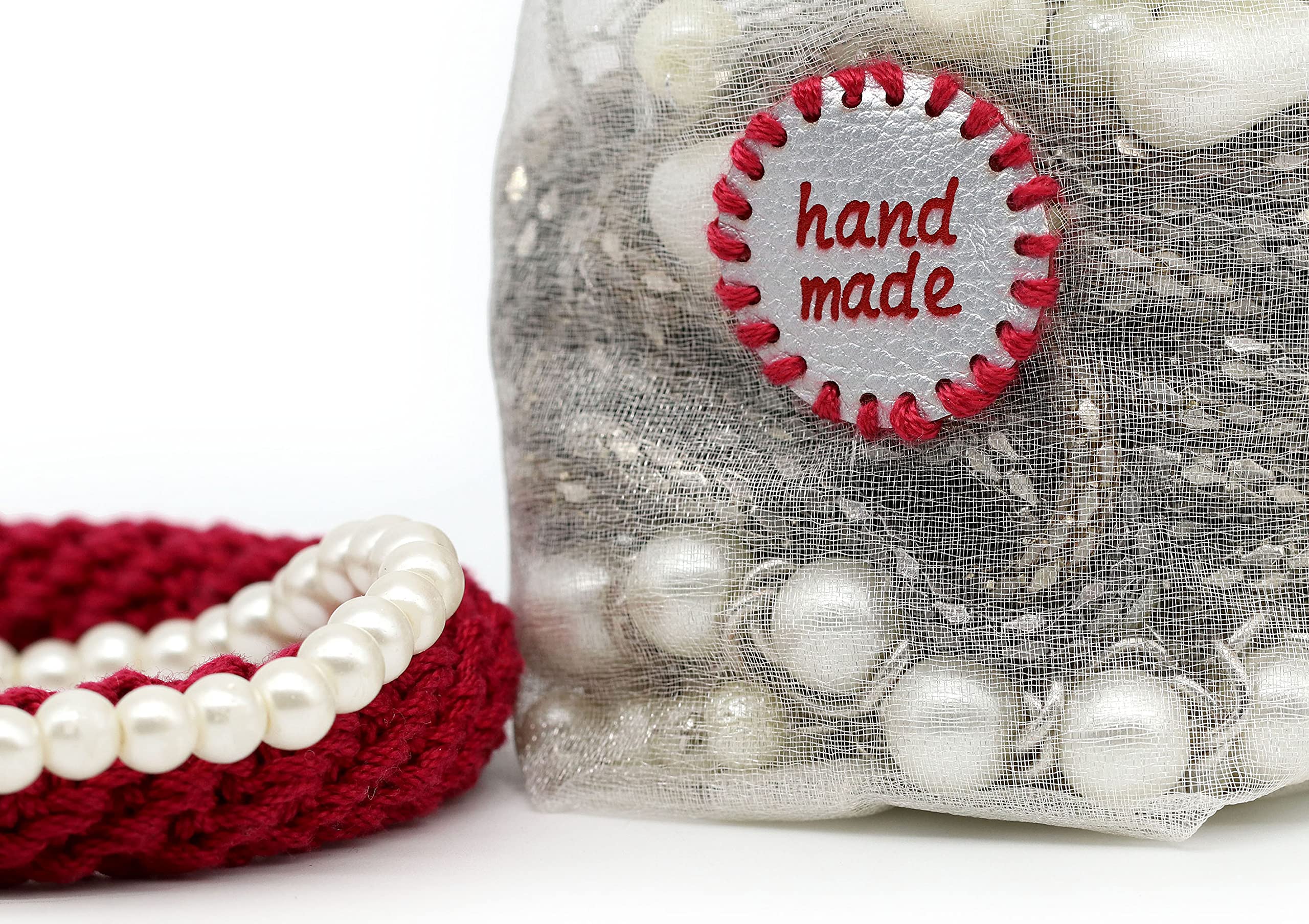 Etichette Handmade PU Rotonde - Rosso-Argento MOD. RO02 - Tag Handmade Etichette Etichette Handmade da Cucire Fatto a Mano (30 Pezzi - Testo Personalizzato)