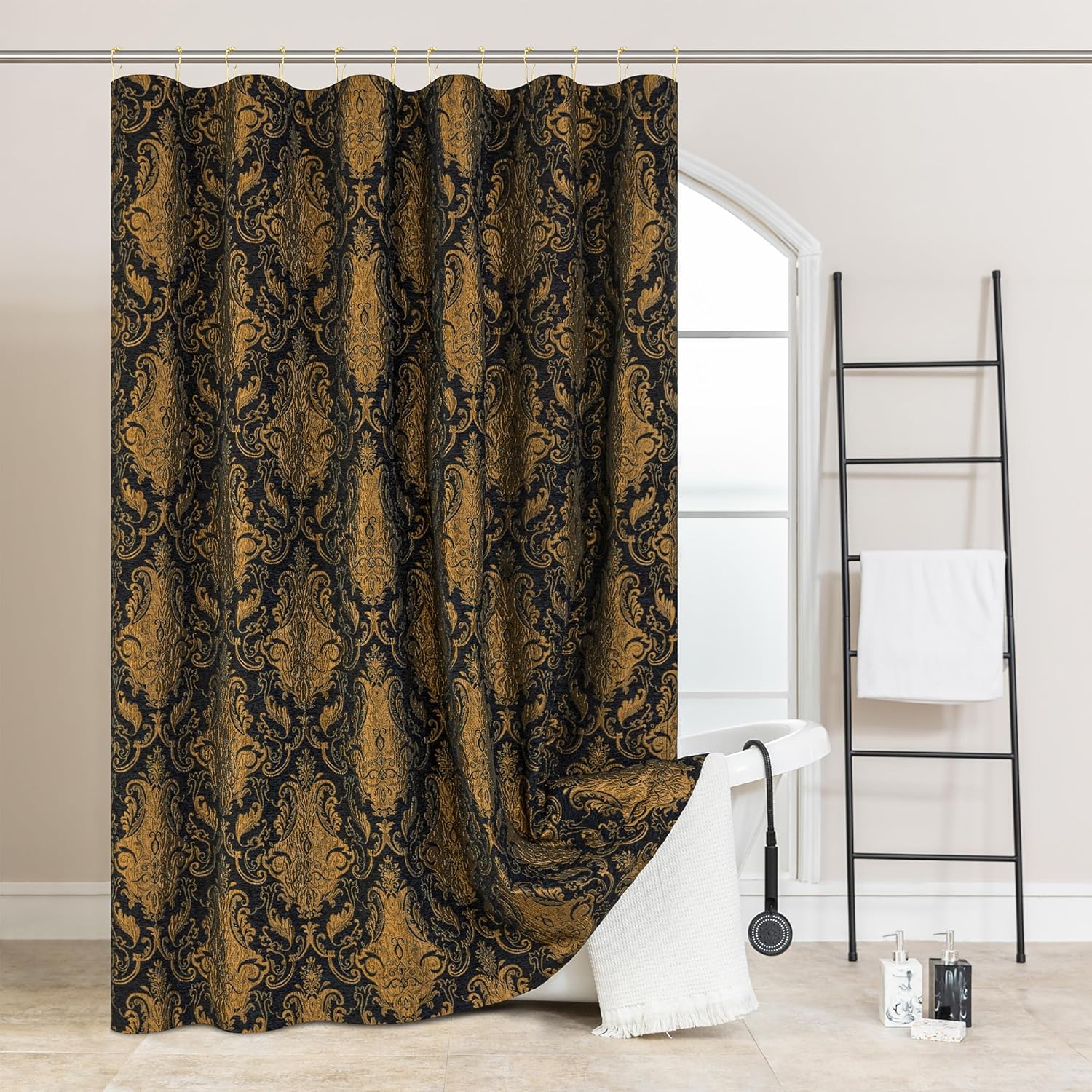 Loom and Mill Textured Fabric Shower Curtain Set With 12 Metal Hooks, Black Damask Bathroom Shower Curtain Sets Classic Medallion Design, Waterproof Heavyweight Shower Curtain For Home Bathroom(72x72)
