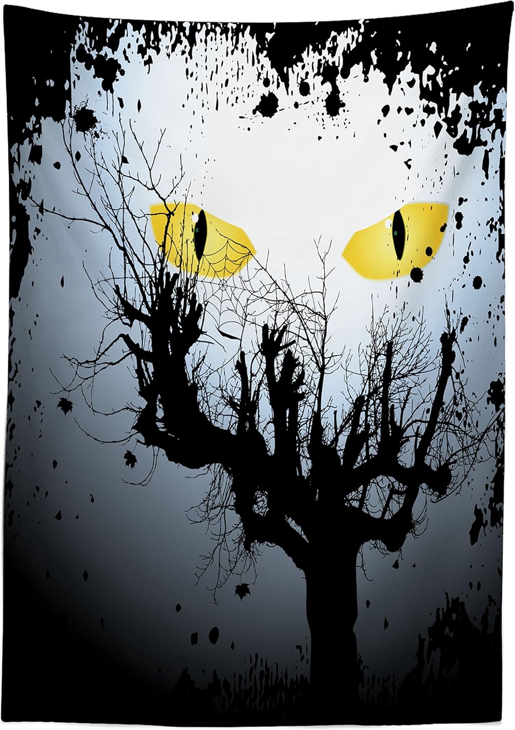 Ambesonne Horror House Outdoor Tablecloth, Scary Eyes Backgrounded Leafless Old Branch Angry Hunt Cat Animal Creature, Decorative Washable Picnic Table Cloth, 58" X 120", Yellow Black