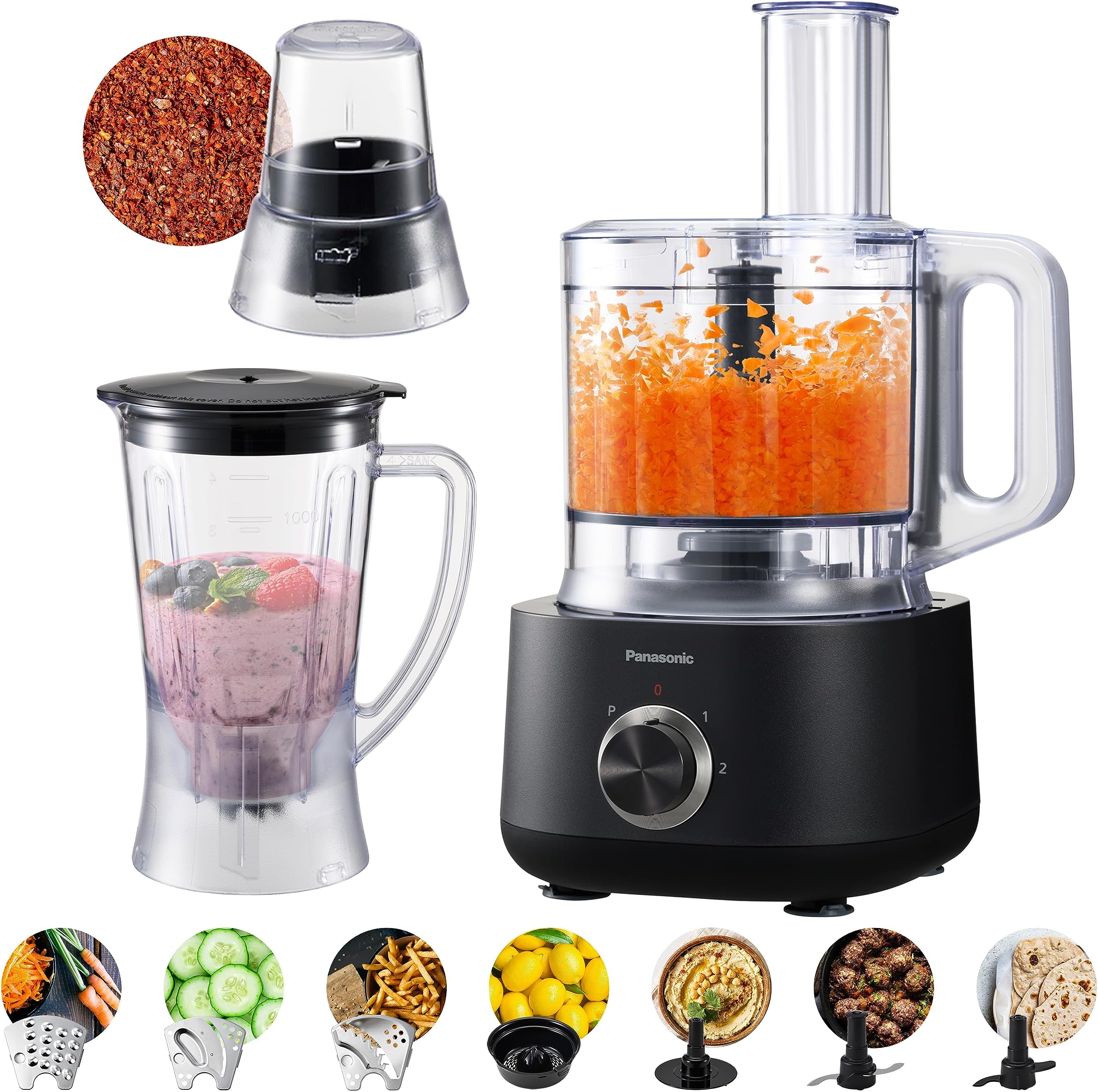 Food Processor, with 2.4L Bowl, Blender, Grinder, Knife/Slicing/Shredding/French Fry/Whipping/Whisk & Dough Maker Blade, Compact & Sleek - MK-F510