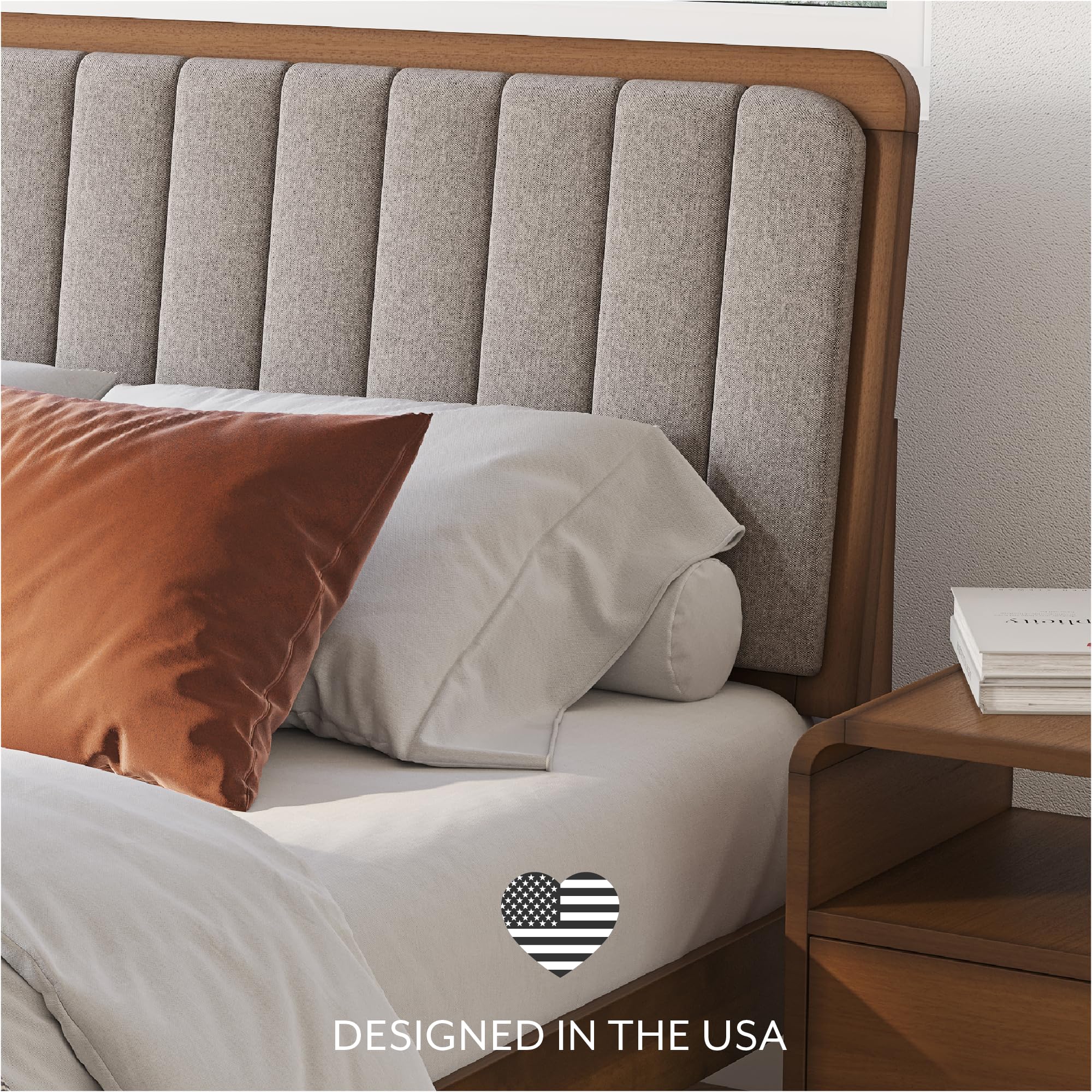 DG Casa Raven Solid Wood Twin Size Bed Frame - Mid Century Modern Style, Platform with Tufted Upholstered Adjustable Height Headboard, No Box Spring Required, Walnut Finish, Grey Fabric Headboard only