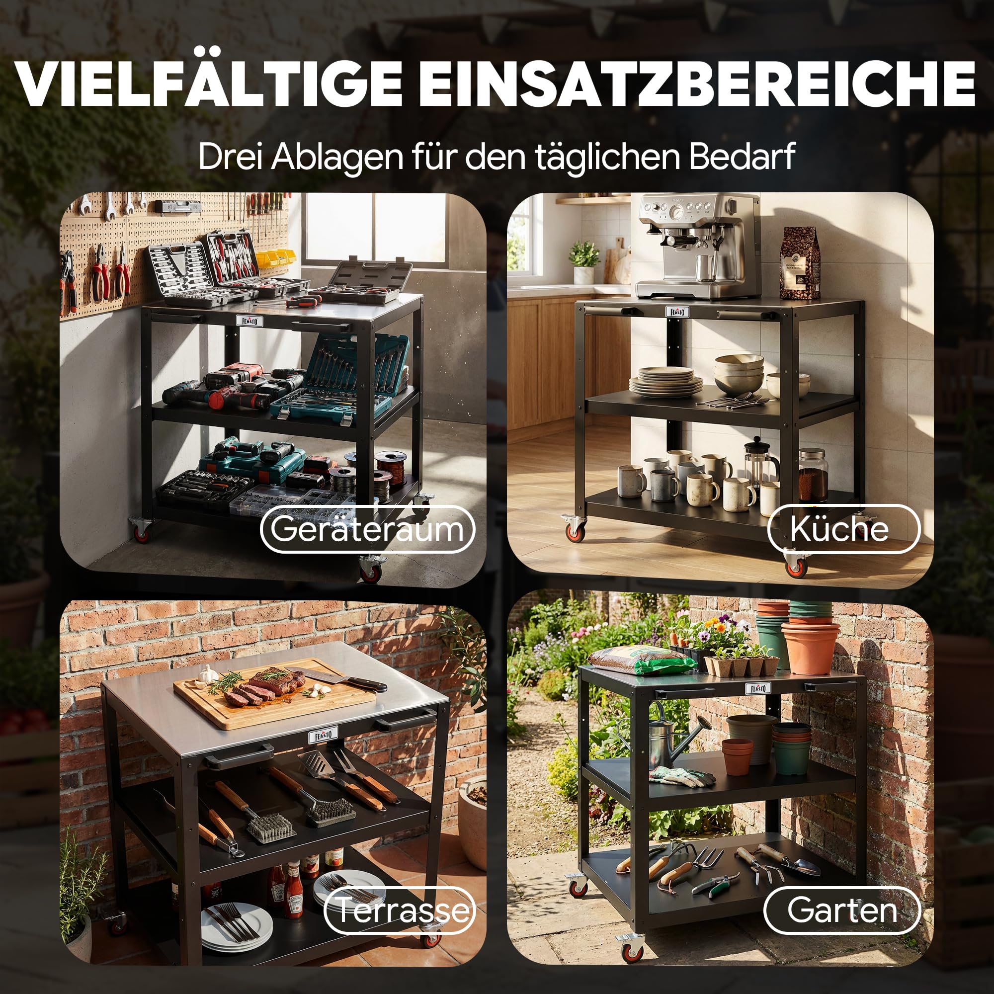 Grillwagen Outdoor Grilltisch Outdoor Pizzatisch Servierwagen outdoor | 90x65x83 cm Pizzaofen Tisch mit Edelstahlplatte, höhenverstellbaren Zwischenboden, für Küche, Terrasse, Buffet, Party