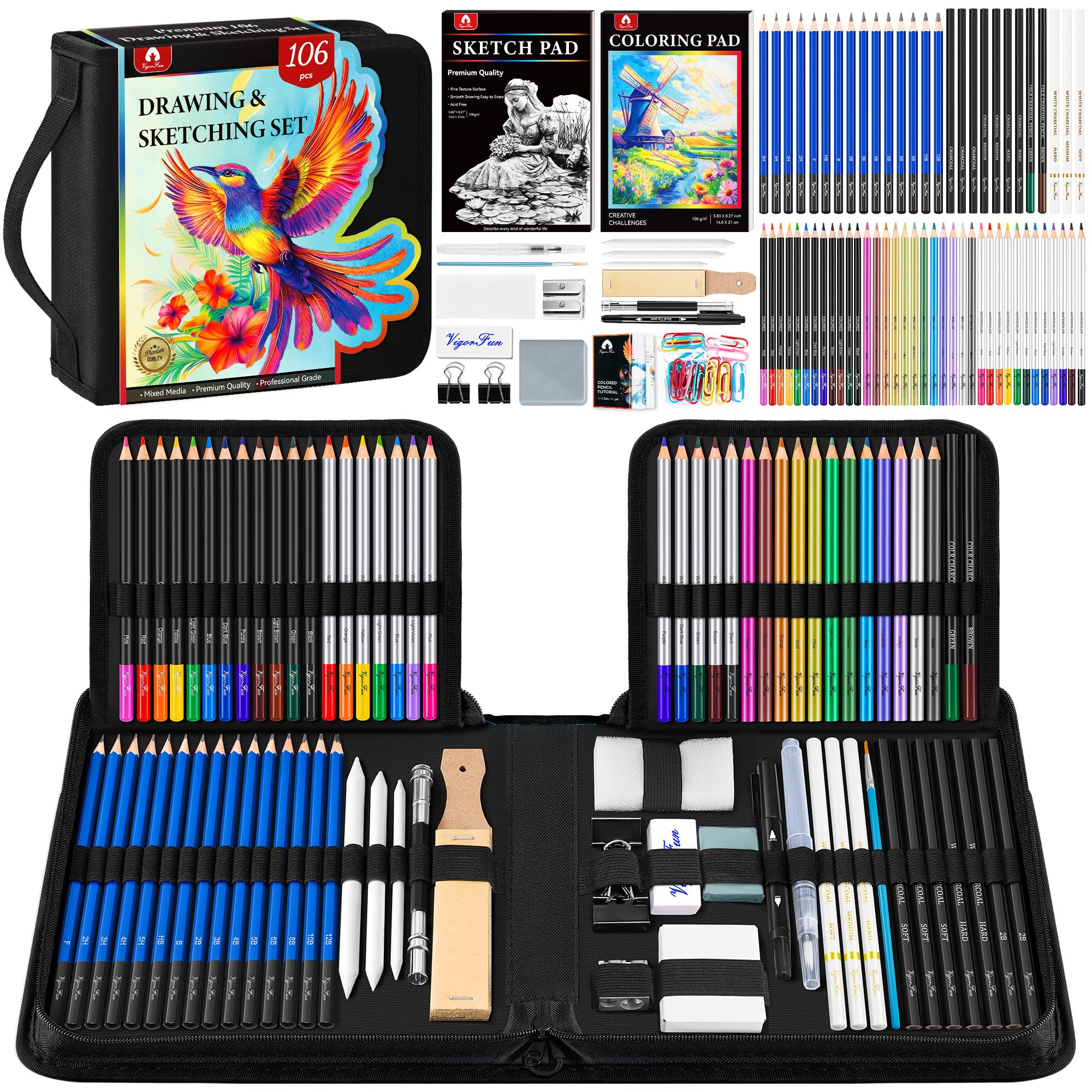 106 PCS Art Supplies Sketching Kit, Pro Drawing Pencils with 3