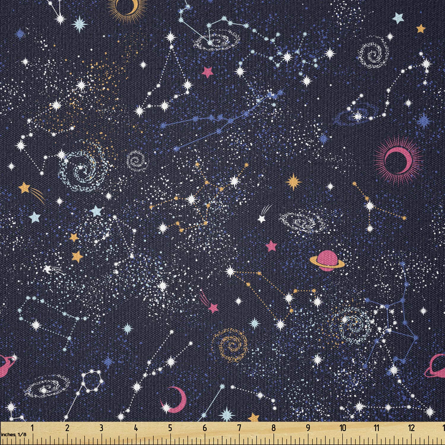 Lunarable Constellation Fabric by The Yard, Star Clusters Galaxies and Planets Astrology Themed Abstract Illustration, Stretch Knit Fabric for Clothing Sewing and Arts Crafts, 1 Yard, Space Blue