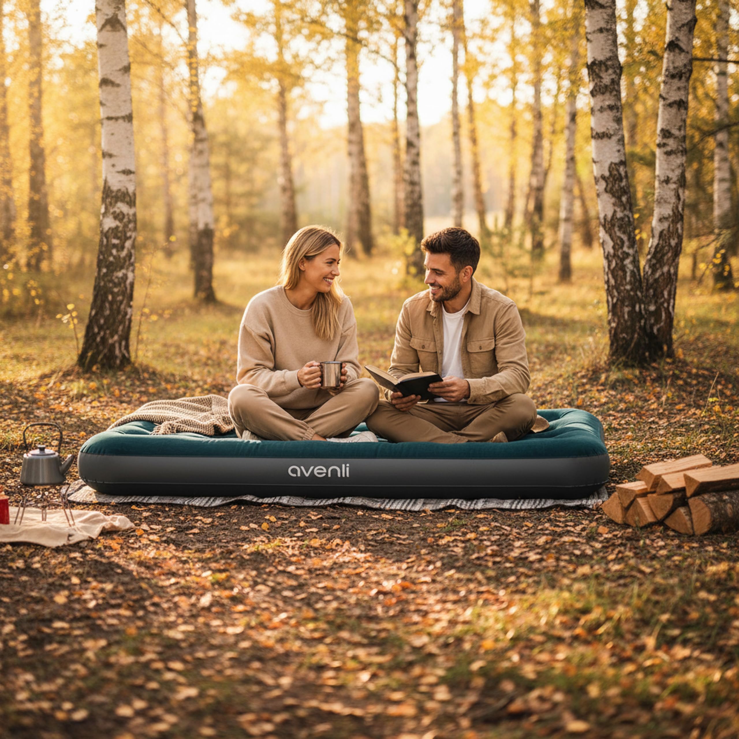AVENLI Luftmatratze Camping Queen-Size 203x152x22 cm, Gästebett 2 Personen, integrierte Fußpumpe, CloudCoil, beflockt, bis 300 kg, grün/grau