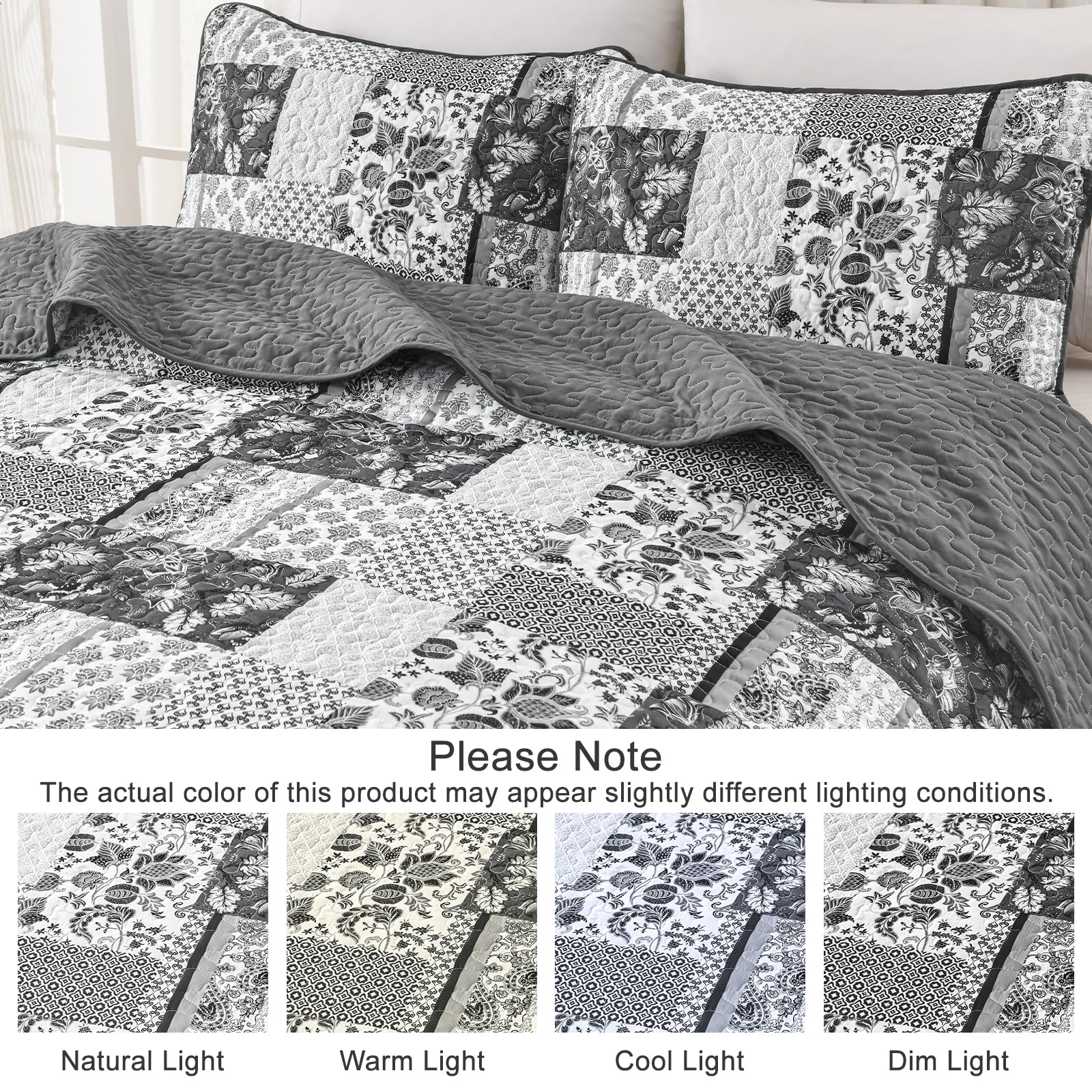 WONGS BEDDING Patchwork-Bettwäsche Set – Blumenmuster Grau, Gemütliche Steppdecken-Bettwäsche