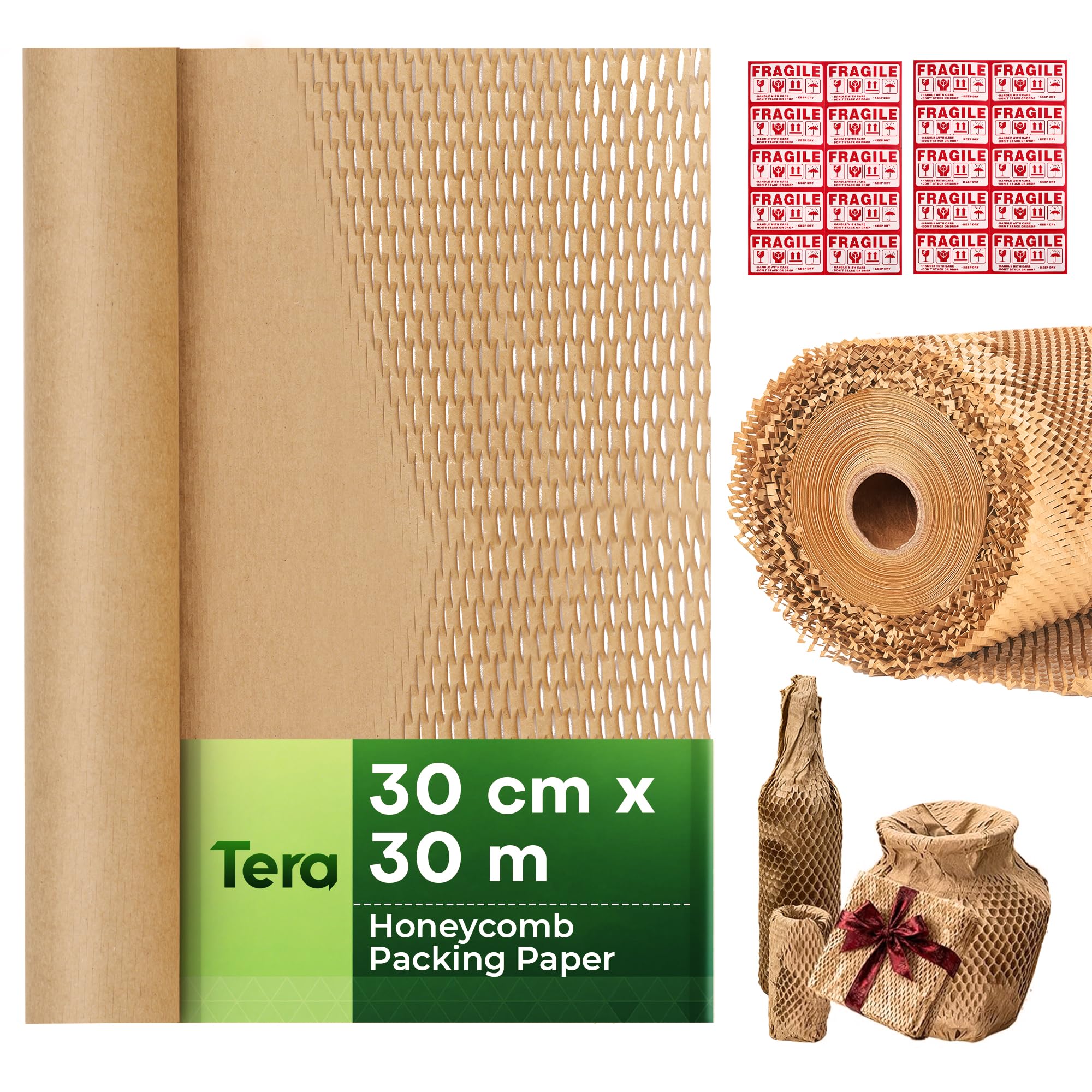 Tera Brown Honeycomb Paper Packaging Material Roll Kraft Paper: 30 Cm × 30 M 80Gsm With 20 Fragile Stickers 1.6 × Stretchy Environmentally Friendly Recyclable Biodegradable Packing For Packing Moving