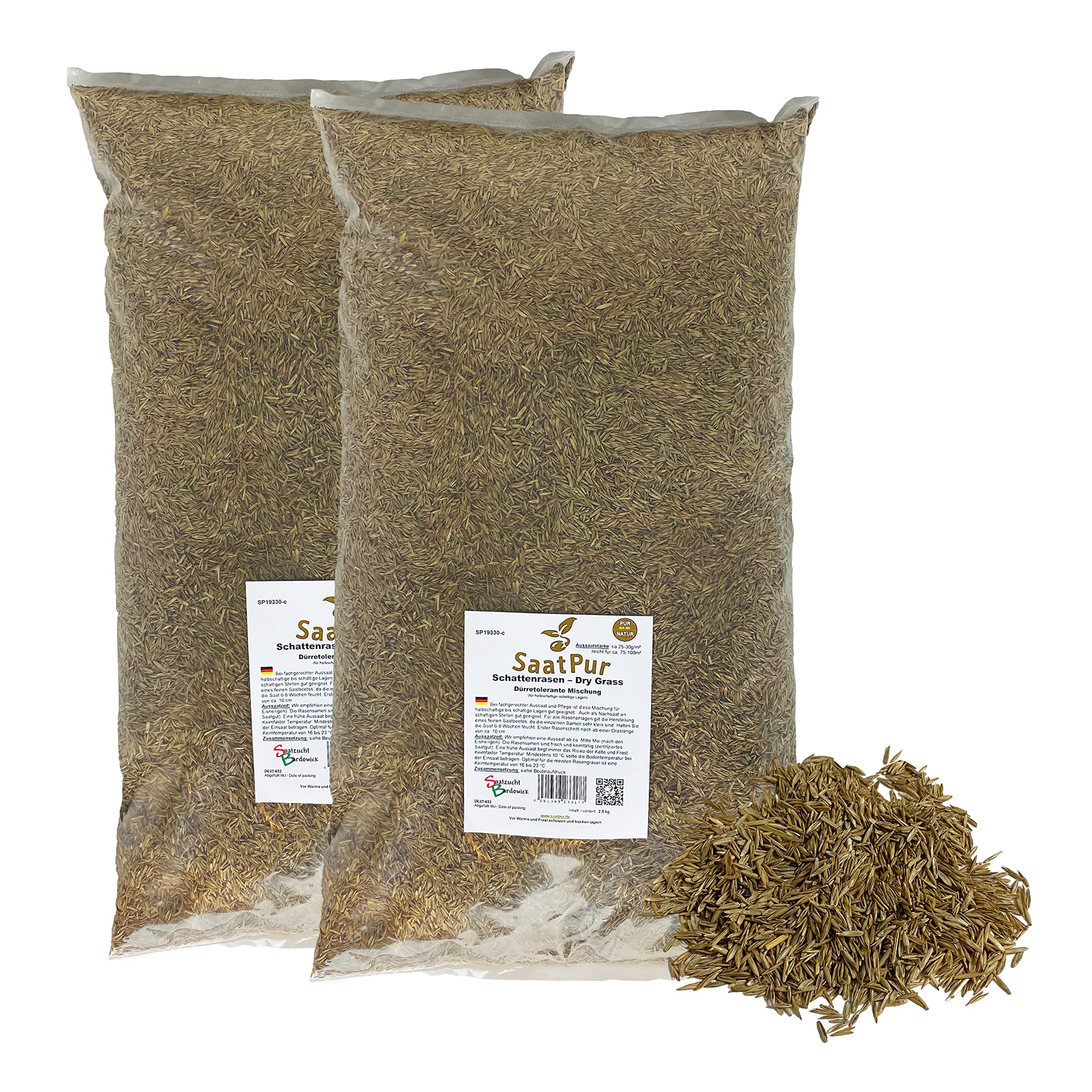 SaatPur® Rasensamen Schattenrasen Dürreresistent 5kg für ca. 150 m², Mehrjährige Rasemischung aus mehreren Rasenarten, meistens 4 bis 5, satt grün, schnellkeimend, hitzetolerant, Neusaat und Nachsaat