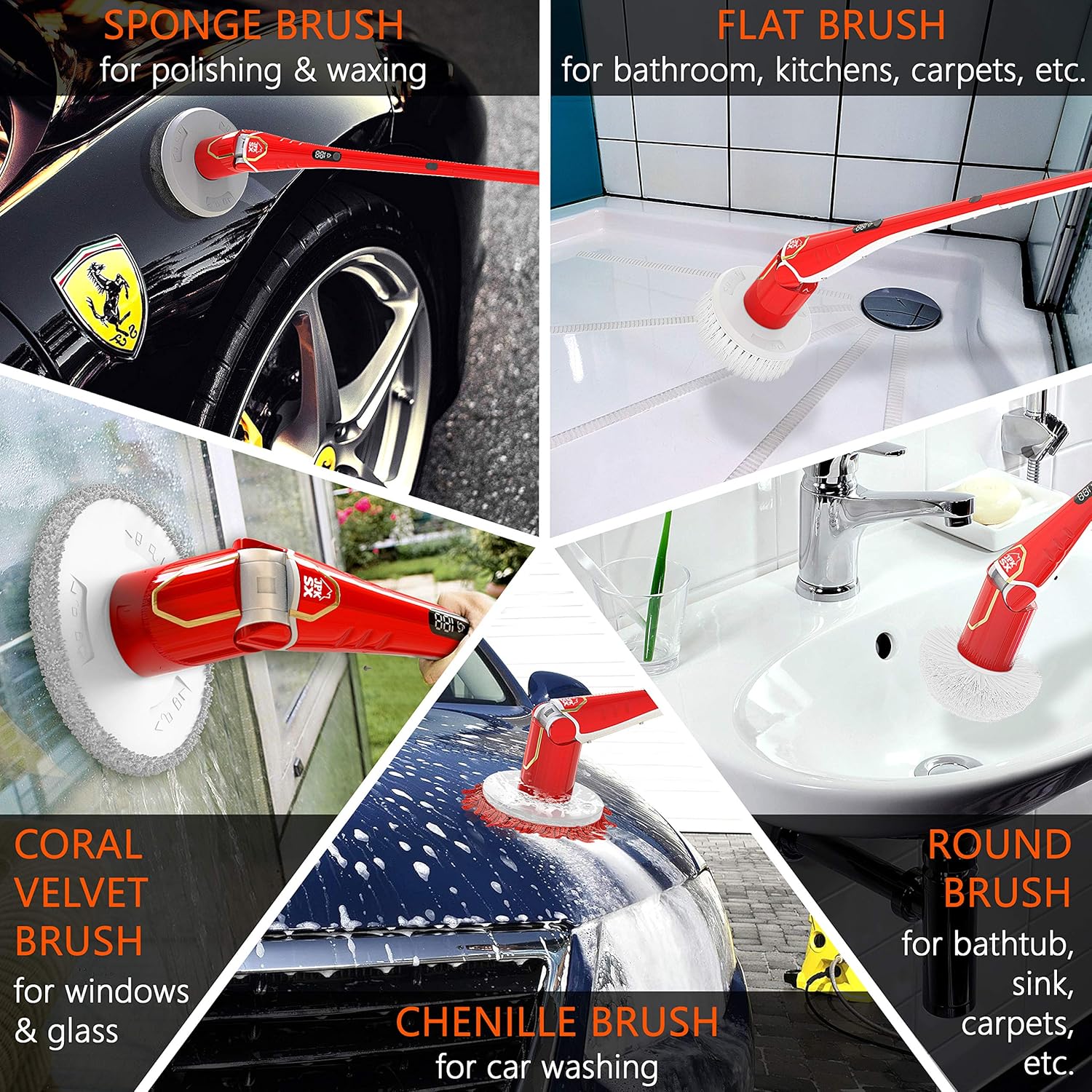JPK SX Spin Scrubber | Powerful Electric Mop with LED Display | Cordless Power | Scrubber | Brushes | Mops | Sponge | Storage Rack - Red : Health & Household