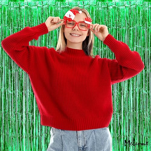 Miniatura 3 de Paquete de 4 cortinas de flecos verdes de fondo, 3.2 pies x 9.8 pies de serpentinas de flecos de papel metálico para fondo de cabina de fotos,