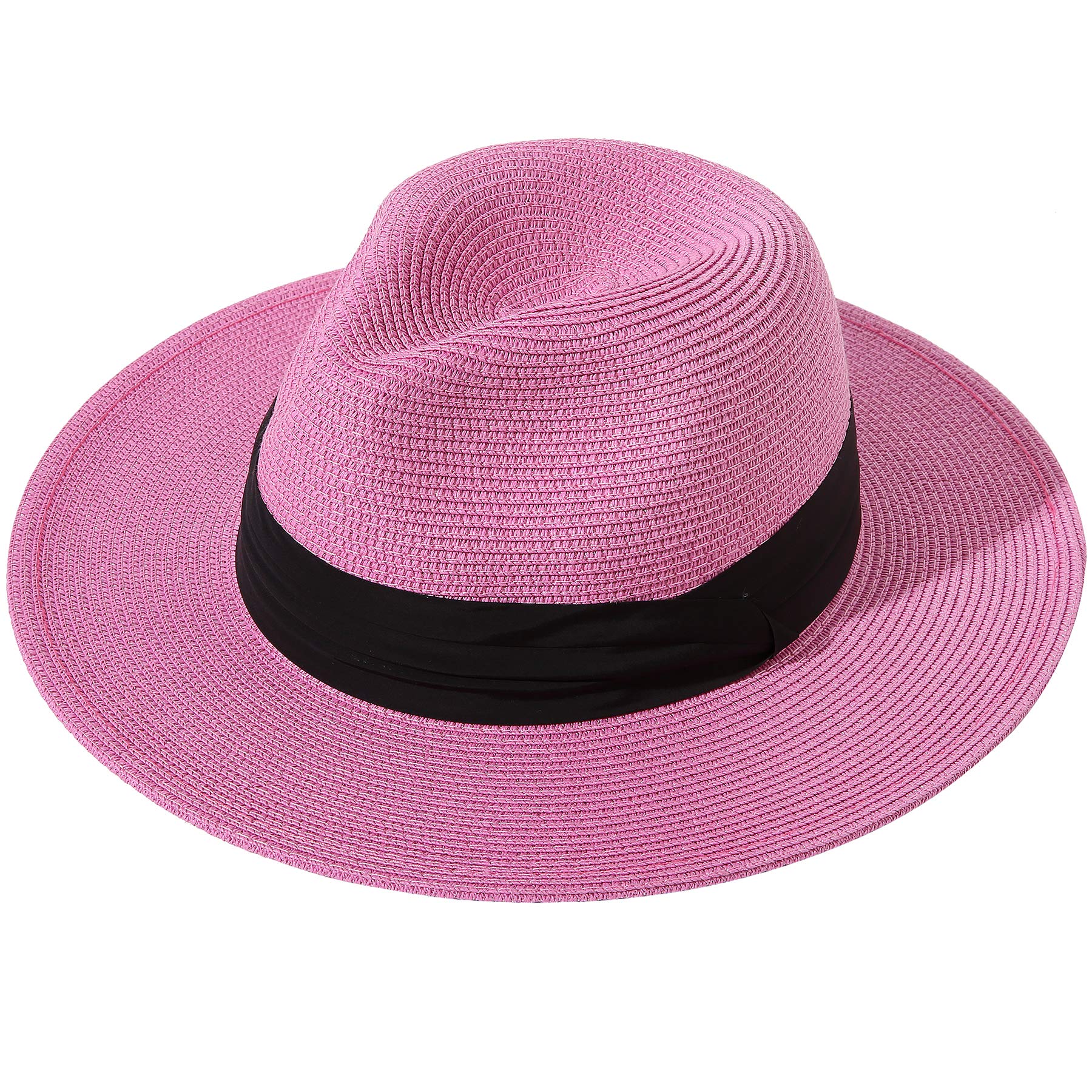 Lanzom Women Wide Brim Straw Panama Roll up Hat Fedora Beach Sun Hat UPF50+