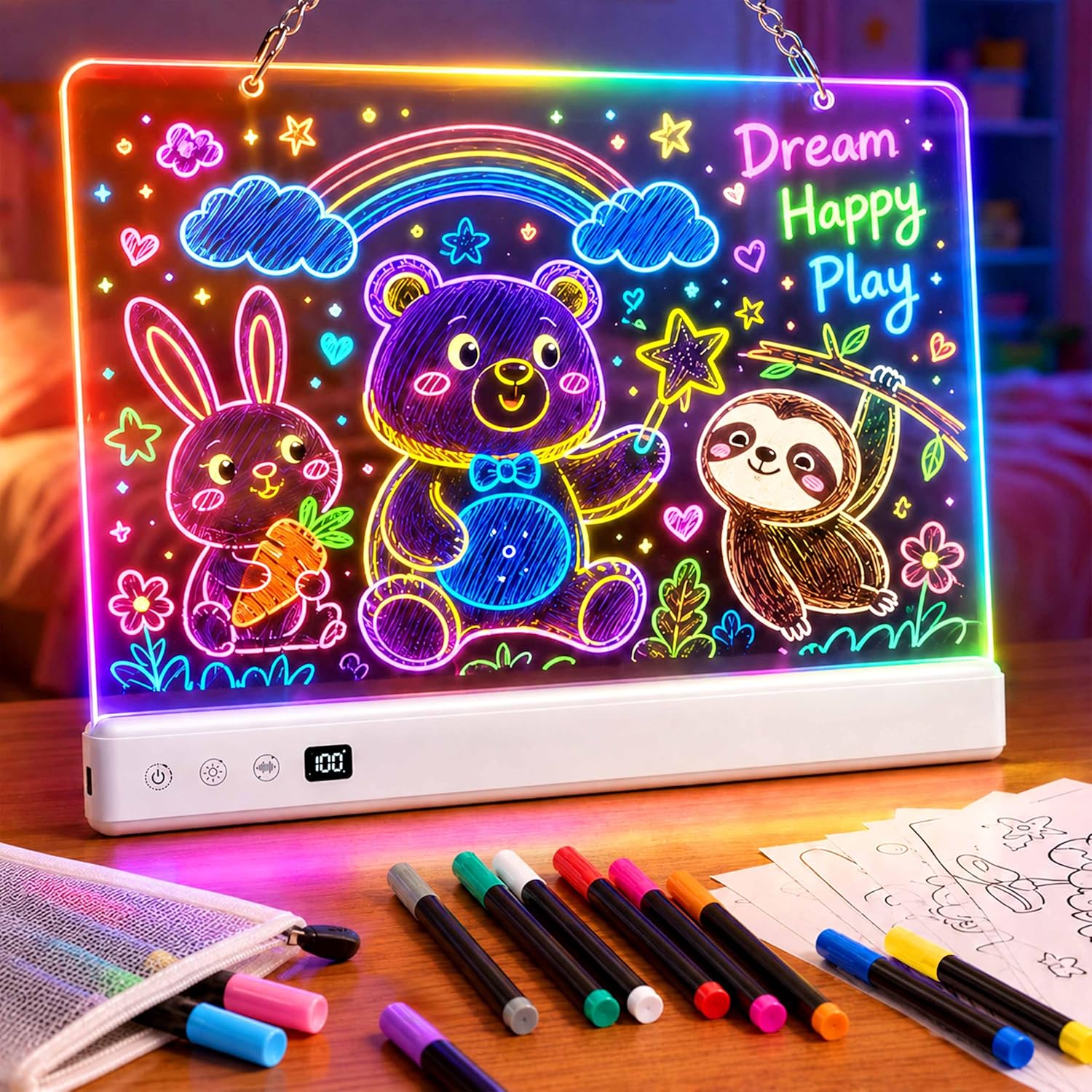 16" LED Drawing Board for Kids with 16 Light Modes, Rechargeable Acrylic Dry Erase Board with Music Sync, Light Up Message Board with 12 Pens & Timer, Christmas Birthday Gifts for Girls Boys 3-8