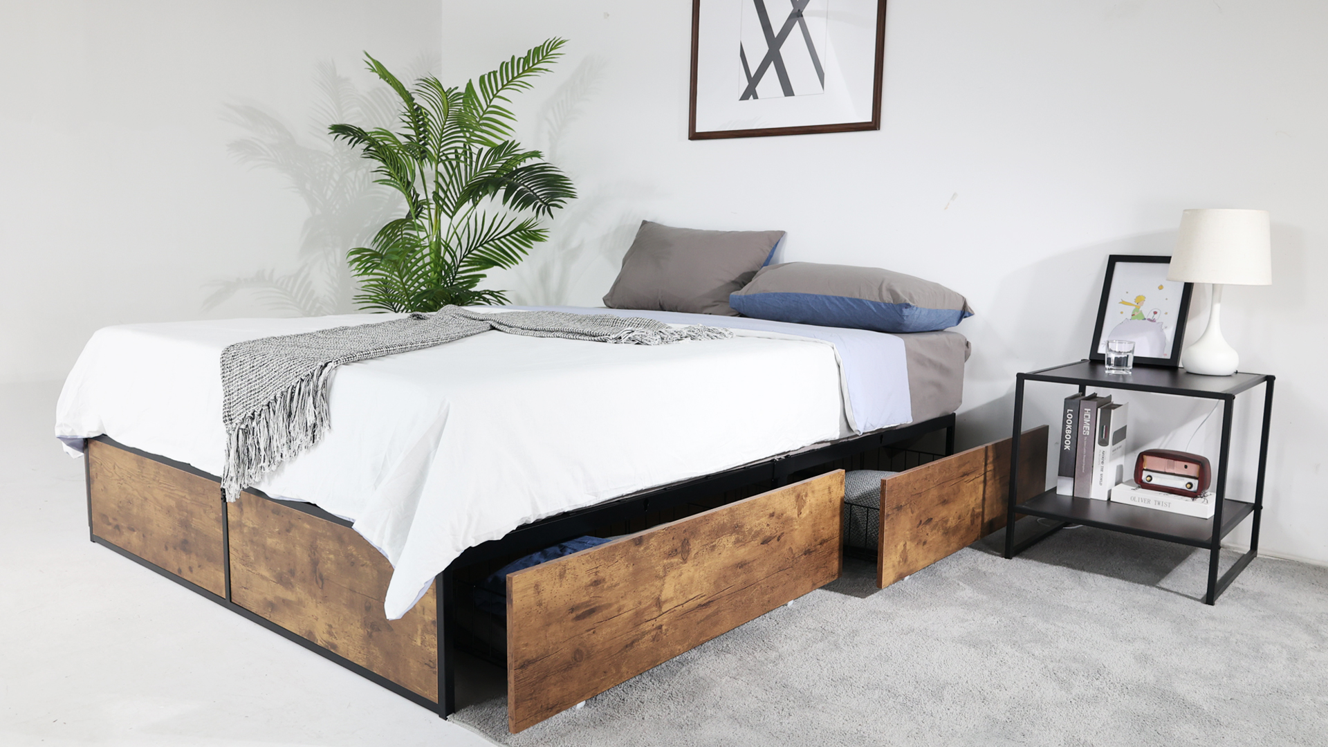 Ikalido Low Metal Bed Frame with Storage Drawers