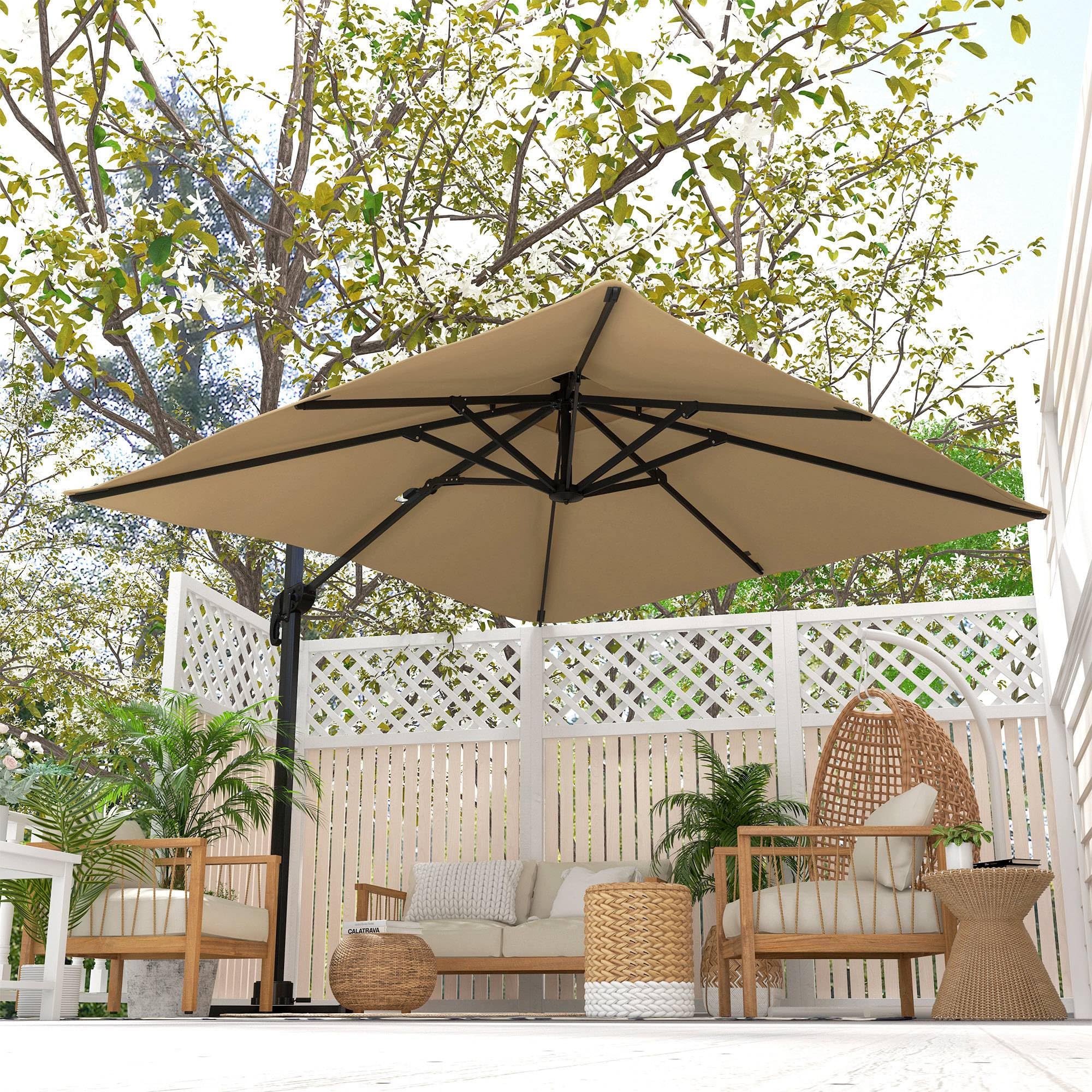 Outsunny Sombrilla de Terraza Exterior 300x300 cm de Aluminio Caqui | Con Manivela, Poste Giratorio 360°, Doble Techo, Inclinable en 6 Posiciones, Base Cruzada Incluida