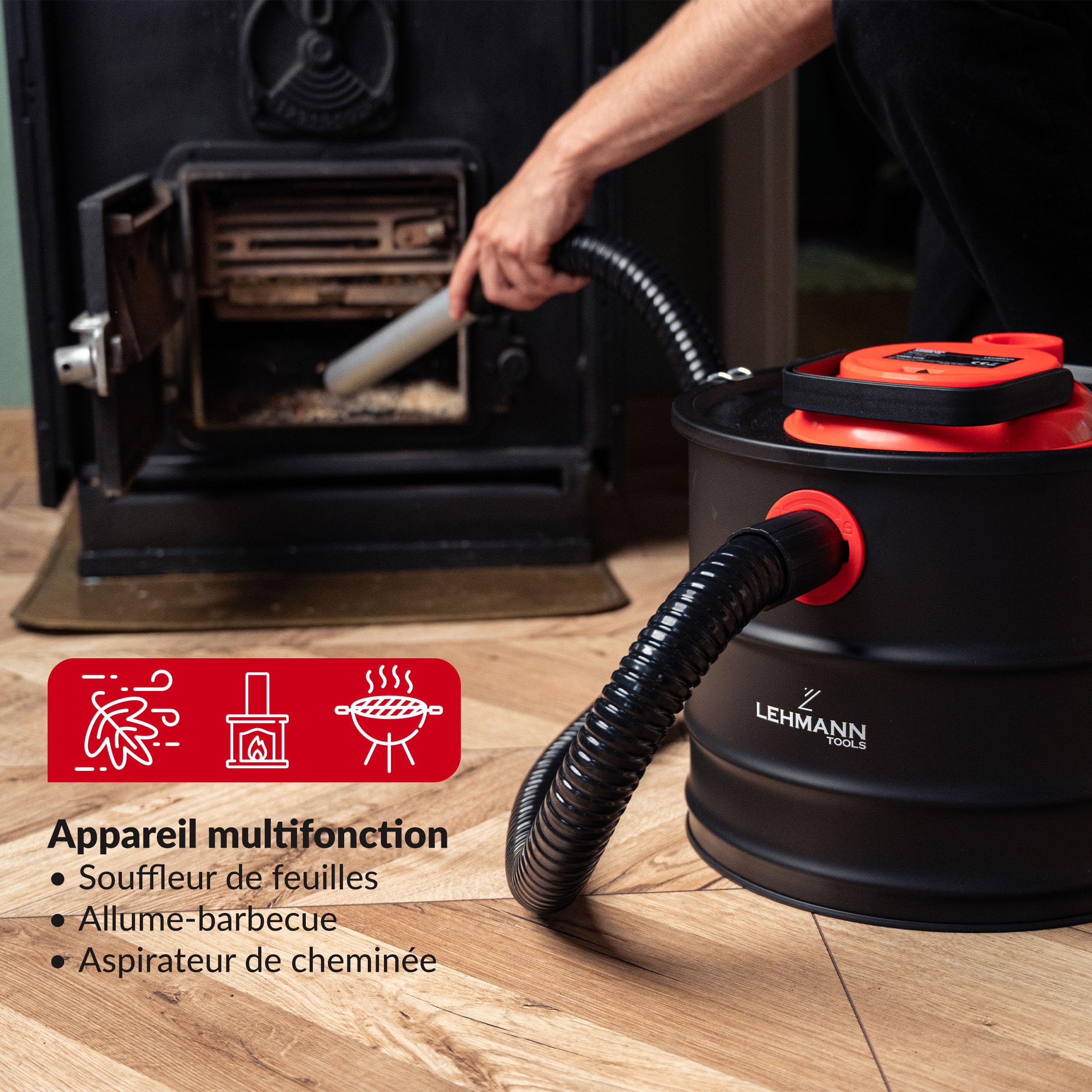 LEHMANN Aspirateur à Cendres 15L, Aspirateur Cheminée pour Haute Température, Réservoir Robuste, Filtre HEPA avec Panier Métallique, Fonction Soufflage, Nettoyage Cheminées et Pellets