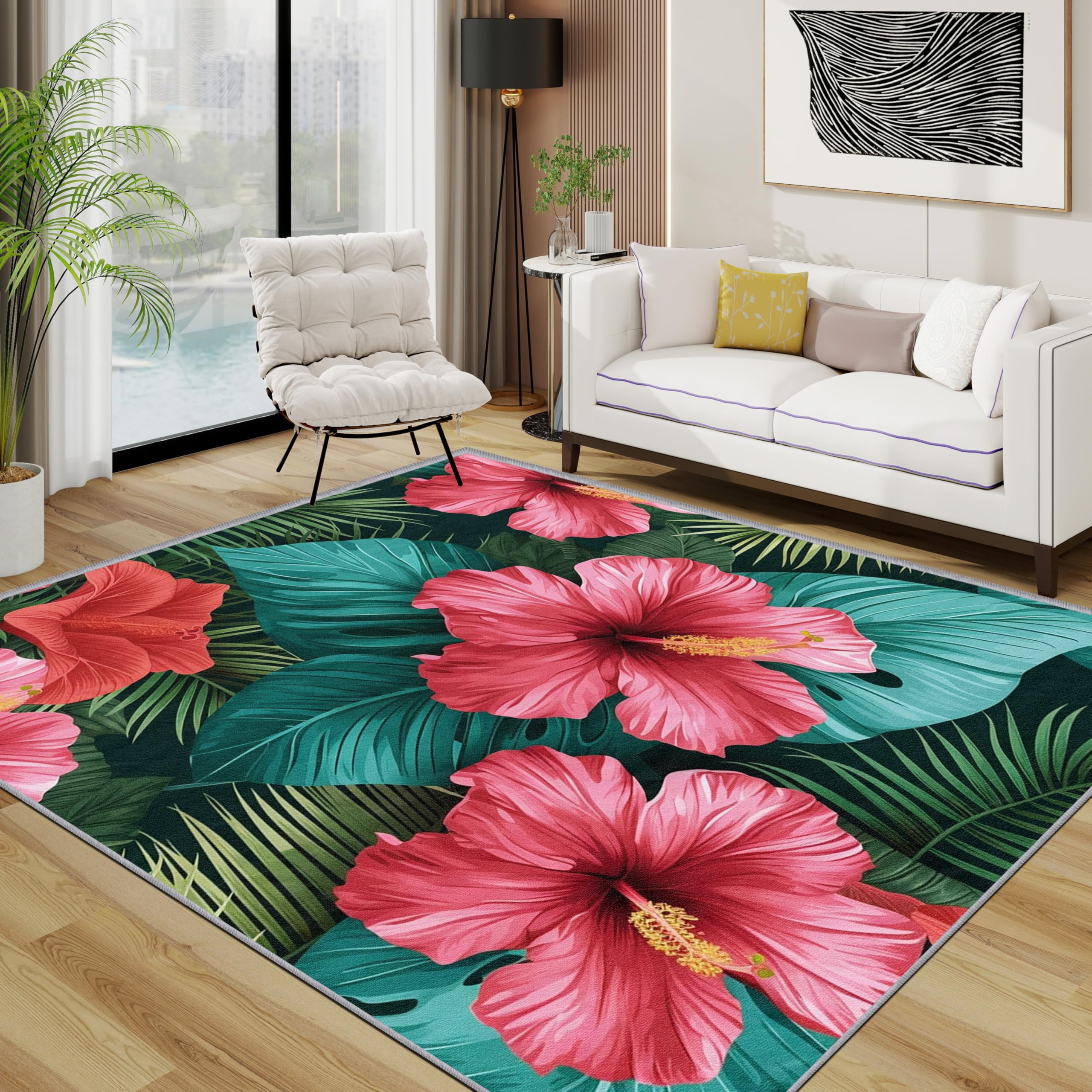 Tropical Area Rugs for Living Room 120x120 - Hibiscus Floral Palm Leaf Rug for Bedroom, Vibrant Flower Exotic Hawaiian Non Slip Washable Short Pile Carpet, Tropical Room Decor