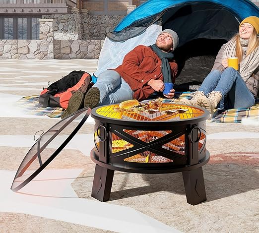 Fire Beauty 26"Steel Fire Pit with Grill Grate&Spark Screen,360° Airflow Boost Technology,Less Smoke,Larger Flames,Heavy-Duty Portable Camping Fire Pit for Backyard,Beach,RV (22lbs,4 Handles,Dual-Use)