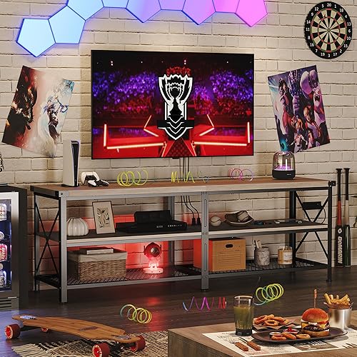 Miniatura 8 de IDEALHOUSE Soporte de TV para TV de 65 y 70 pulgadas, centro de entretenimiento industrial, mesa consola multimedia, soporte de TV de granja con