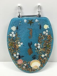 ELONGATED BLUE SEASHELL and SEAHORSE RESIN TOILET SEAT, CHROME HINGES