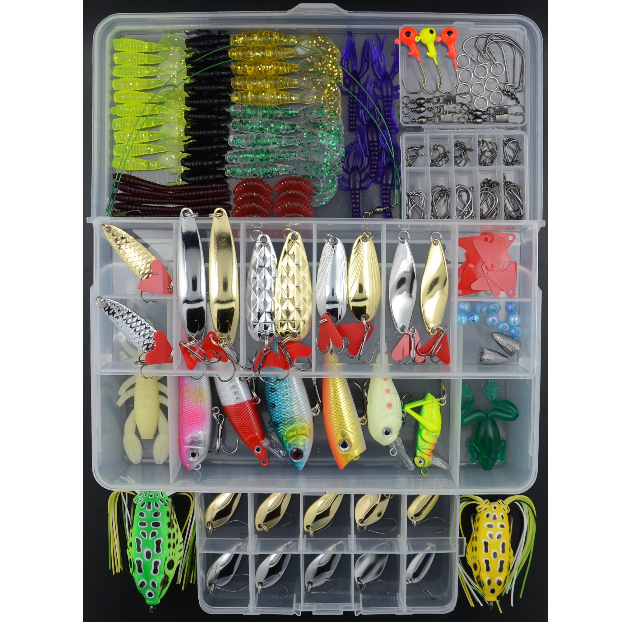 AGadget Fishing Lure Kit Mixed 205PCS Kinds of Gears Minnow Popper Crankbaits Soft Plastic Lures Frogs Worms Grubs Fishing Spinners Jig Offset Hooks Both Sea River Fishing with Tackle Box