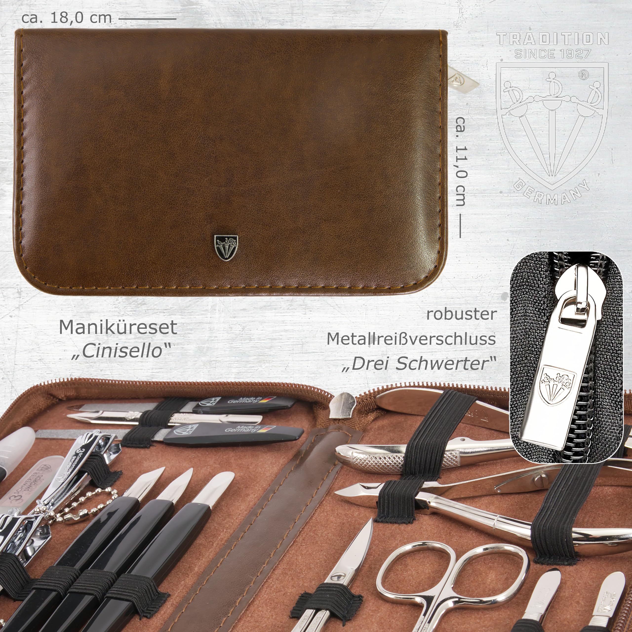 Drei Schwerter - Exclusivo juego de manicura y pedicura de 16 utensilios – Juego para el cuidado de las uñas/funda, fabricado en Alemania, varios diseños