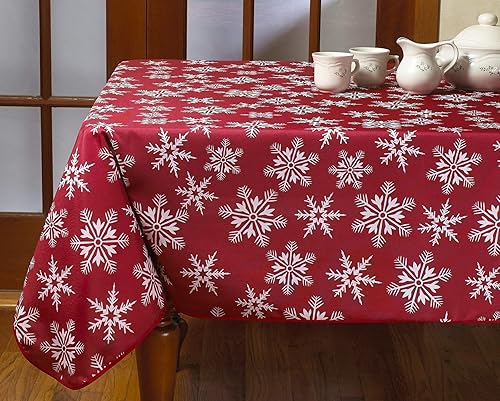 Miniatura 3 de Violet Linen Manteles rojos decorativos con diseño de copos de nieve navideños - 60 x 84 pulgadas