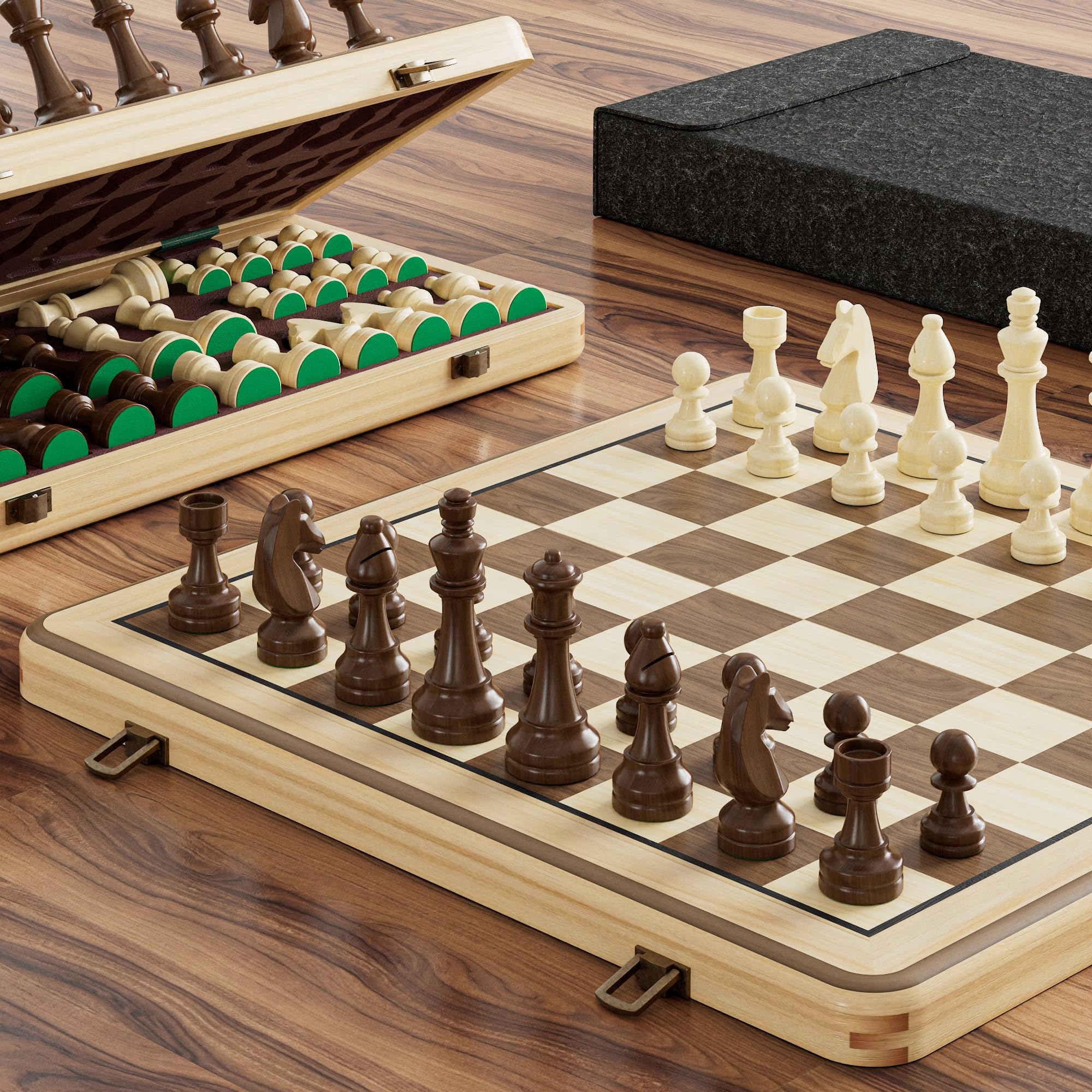 15 Inch Magnetic Wooden Chess Set, Pine Wood Folding Chessboard with Brown Dual-Sided Storage Trays, 2 Extra Queens & Dust-Proof Bag, Portable Travel Board Game (Natural)