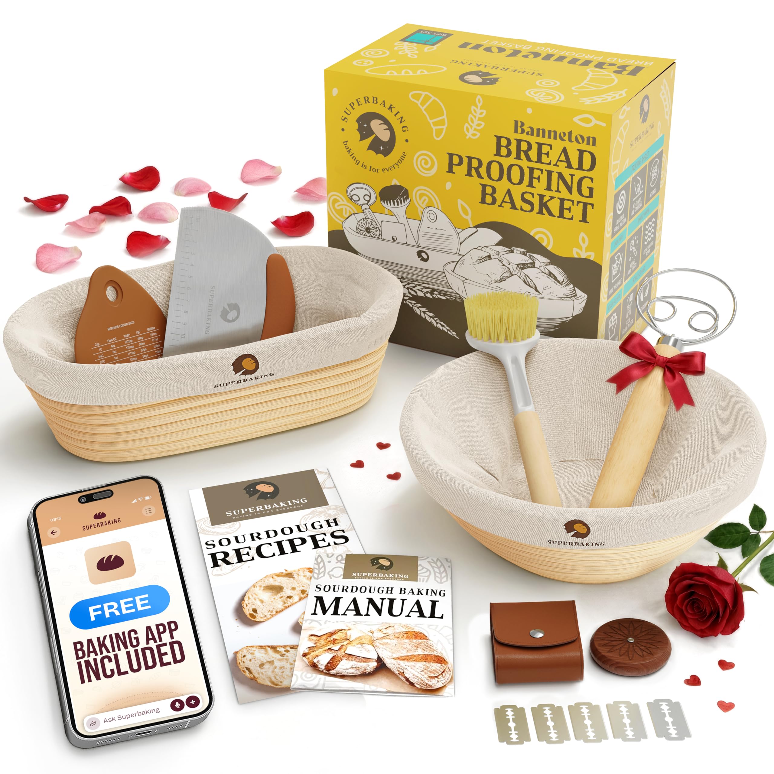 Superbaking Sourdough Proofing Basket Gift Set, Round 9" & Oval 10" Banneton, Sourdough Starter Kit, Sourdough Banneton Basket, Banneton Bread Proofing Basket Set of 2, Sourdough Bread Baking Supplies