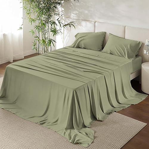 URBANHUT 100% Egyptian Cotton Sheets - 1000 Thread Count Full Size Sheets Set (4Pc), Long Staple Cotton Bedding Sheets, All Season Sateen Weave, Luxury Hotel Bedsheets,16" Deep Pocket - Sage(Moss)