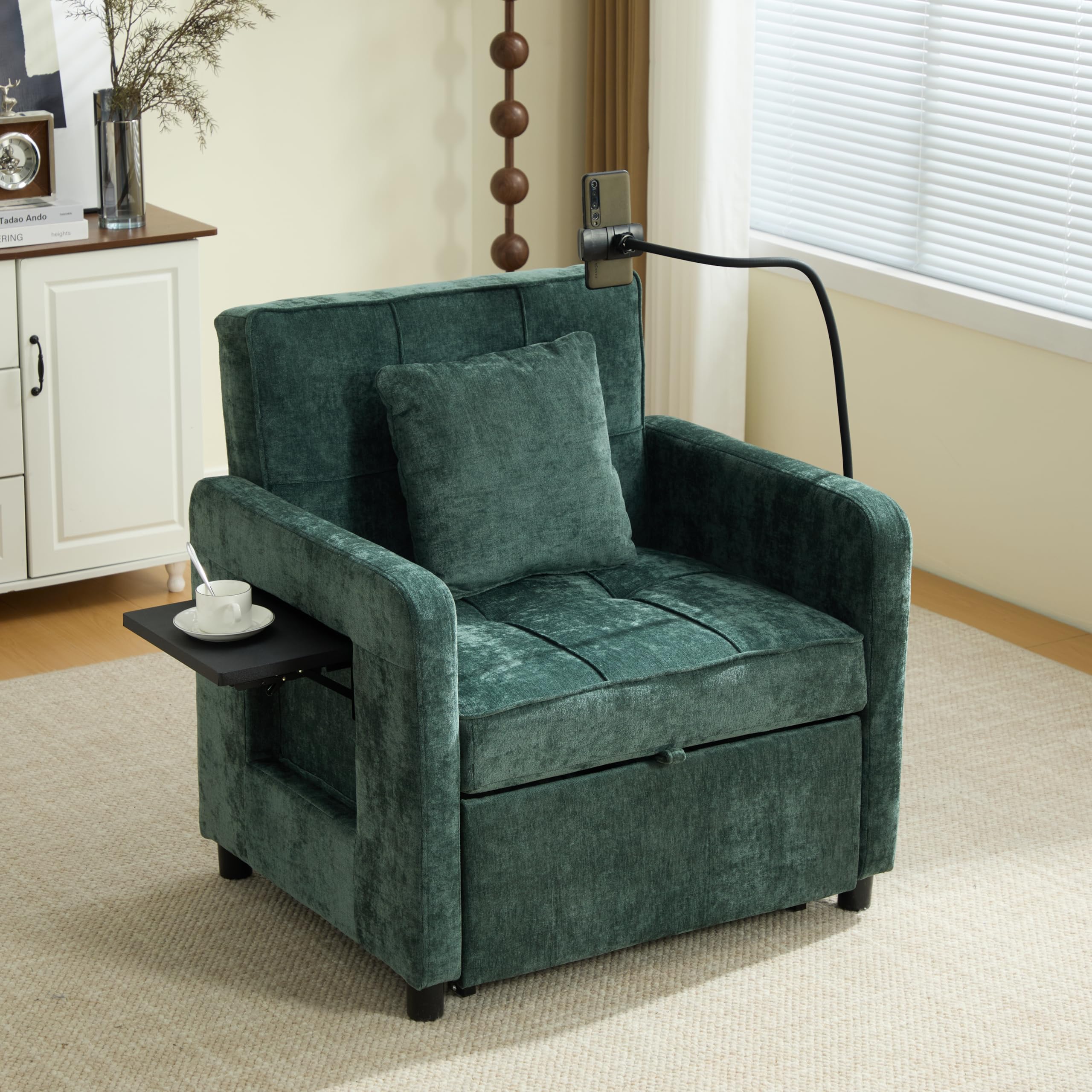 Generisch Poltrona letto 2 in 1 in ciniglia verde, divano letto singolo con cuscino, tasche laterali e vassoio, schienale regolabile in 5 posizioni, portata 150 kg, per soggiorno, camera da letto