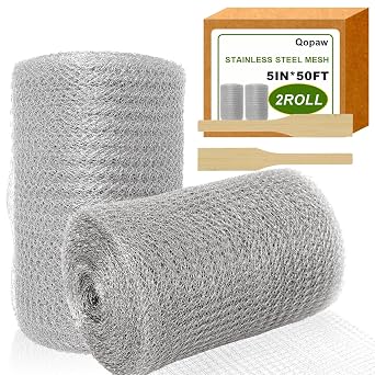 5" x 100 Ft Stainless Steel Mesh Roll, Steel Wool Mesh for DIY Sealing | 2 Roll 5" x 50ft Flexible Steel Wool Fabric with Wood Sticks for Gap Filling Vent Openings Pipes & Home Projects