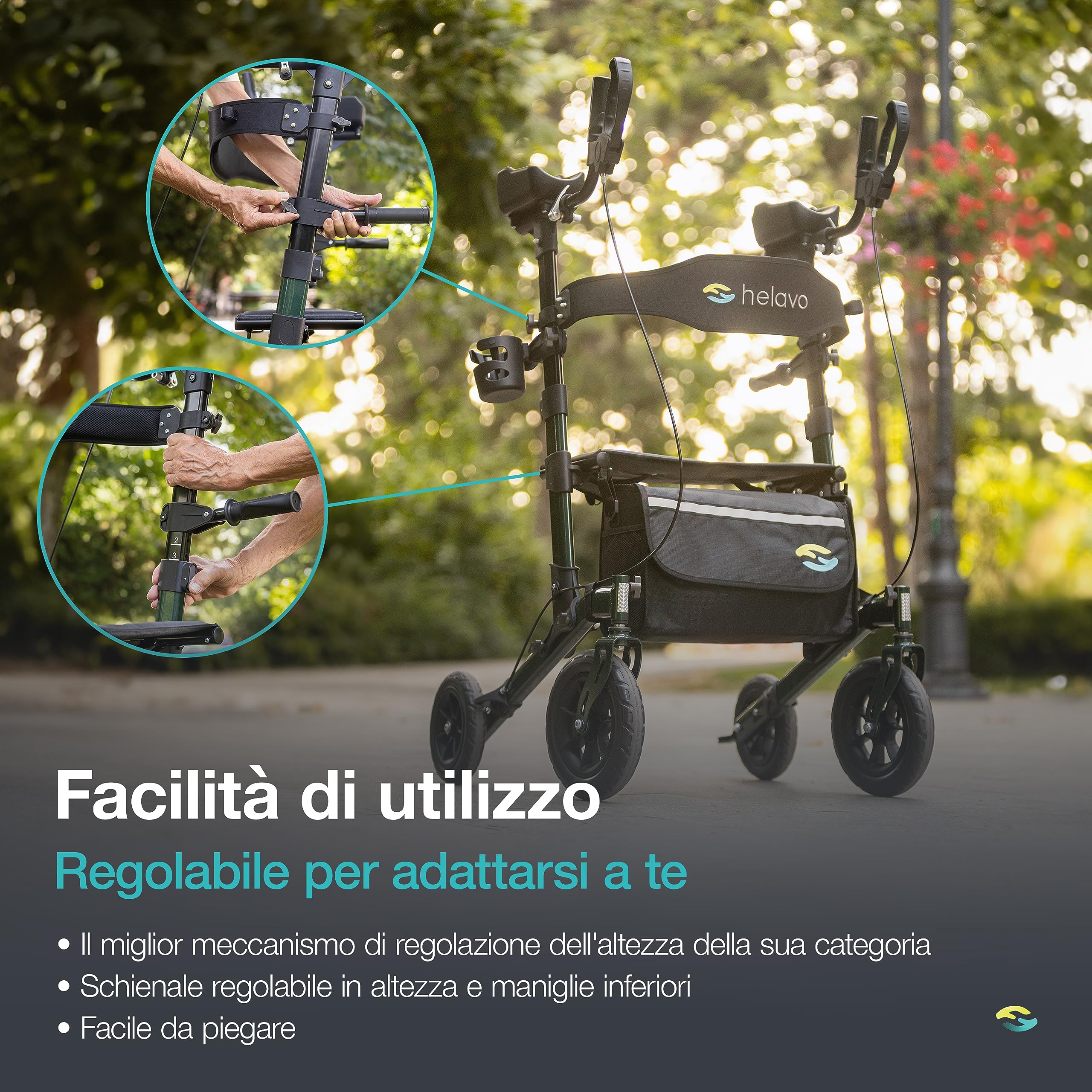 helavo H1160-EU deambulatore per l'artrite da esterno con imbottiture per avambracci – Girello per anziani con ruota gomma piena antiforatura – Massima mobilità e comfort all'aperto