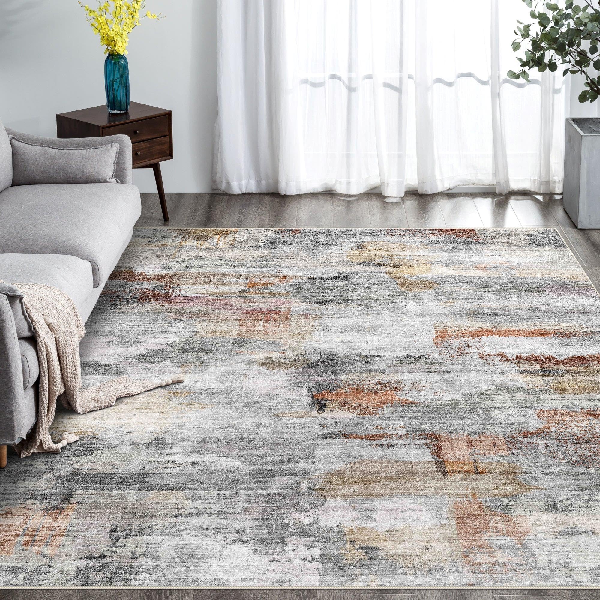 vivorug Washable Rug, Ultra Soft Area Rug 9x12, Non Slip Abstract Rug Foldable, Stain Resistant Rugs for Living Room Bedroom, Modern Fuzzy Rug (Gray/Rust, 9'x12')