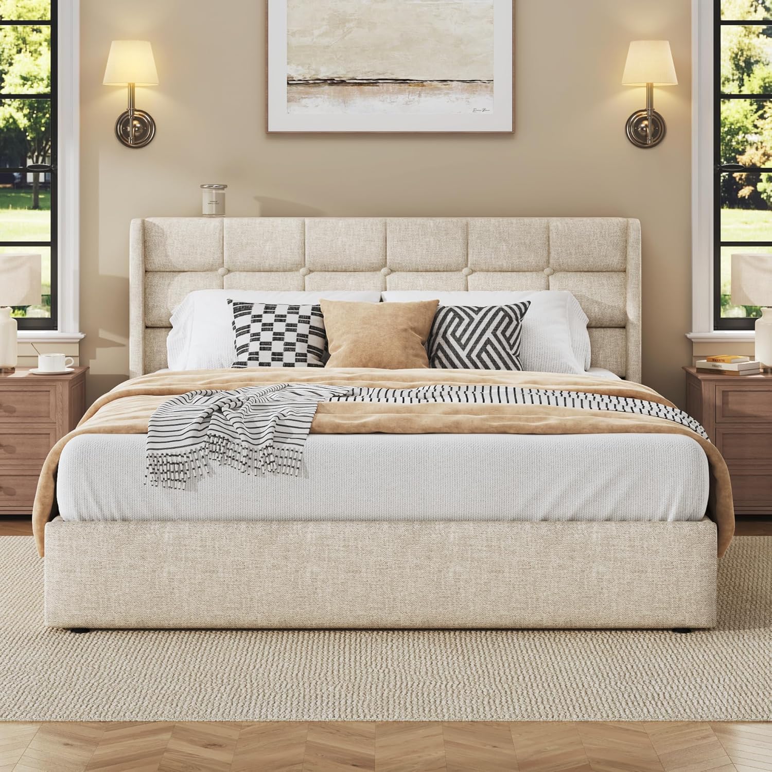 HISOFT Queen Size Lift Up Storage Bed Frame, Linen Upholstered Platform Bed with Wingback Headboard, Heavy Duty Hydraulic Gas Lift Underbed Space, Reinforced Full Metal Slats, Noise Free, Beige