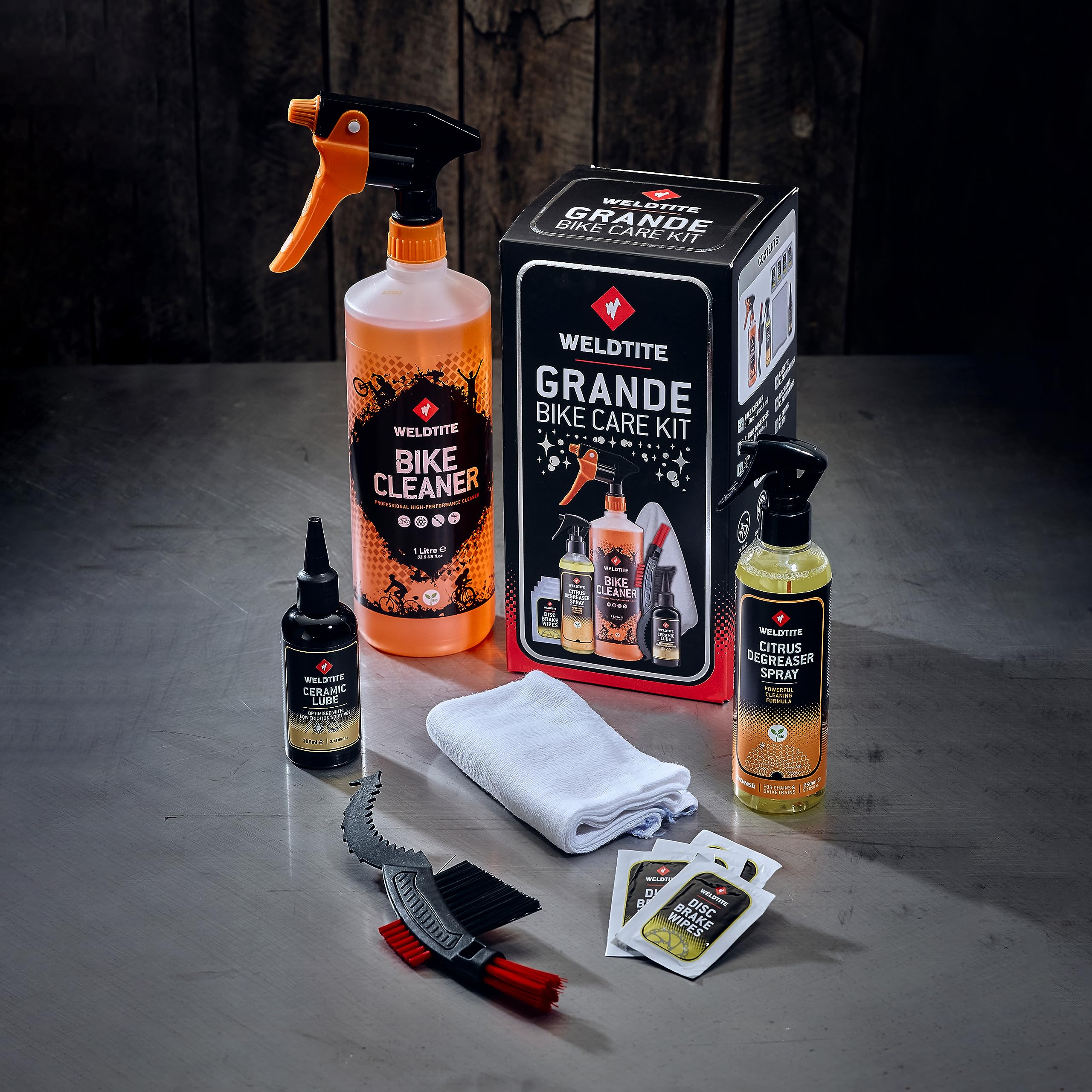 WELDTITE Kit de cuidado de bicicletas 6 en 1 Grande Kit completo de limpieza y mantenimiento con limpiador, desengrasante, lubricante, cepillos, toallitas y paño de limpieza