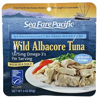 Sea Fare Pacific Wild Caught Albacore Tuna,Salt Sport Pouch, 3 Ounce Pack of 12