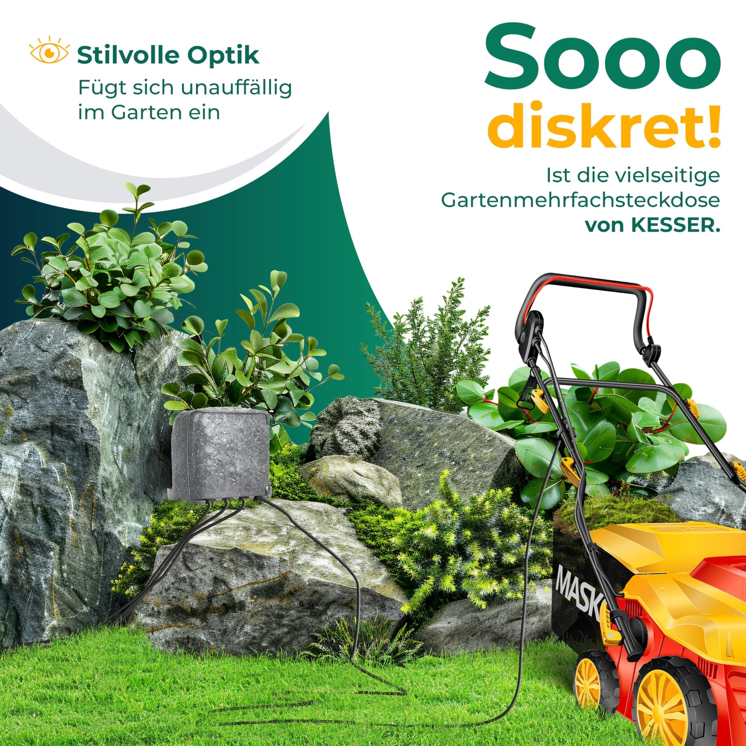 KESSER Zócalo de jardín con aspecto de piedra con 4 enchufes - con función wifi control a través de la aplicación - kit de montaje, enchufes múltiples exteriores con cable de extensión de 3 m toma de