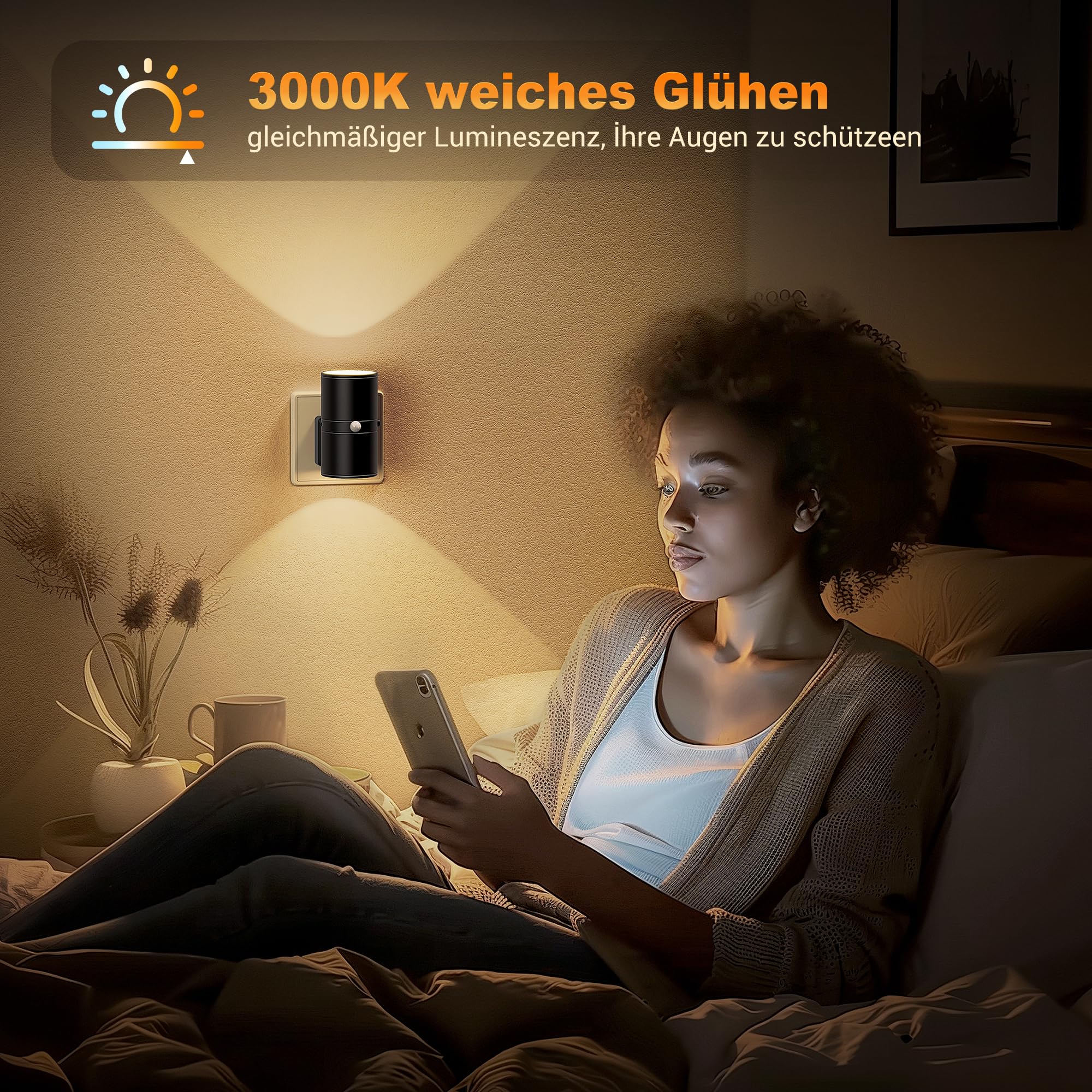 JandCase Lampka nocna z czujnikiem ruchu, lampka nocna dla dzieci z regulacją jasności 0-100LM, 3 tryby, 3000K ciepła biel, lampka z czujnikiem ruchu do sypialni, kuchni, salonu, 1 opakowanie
