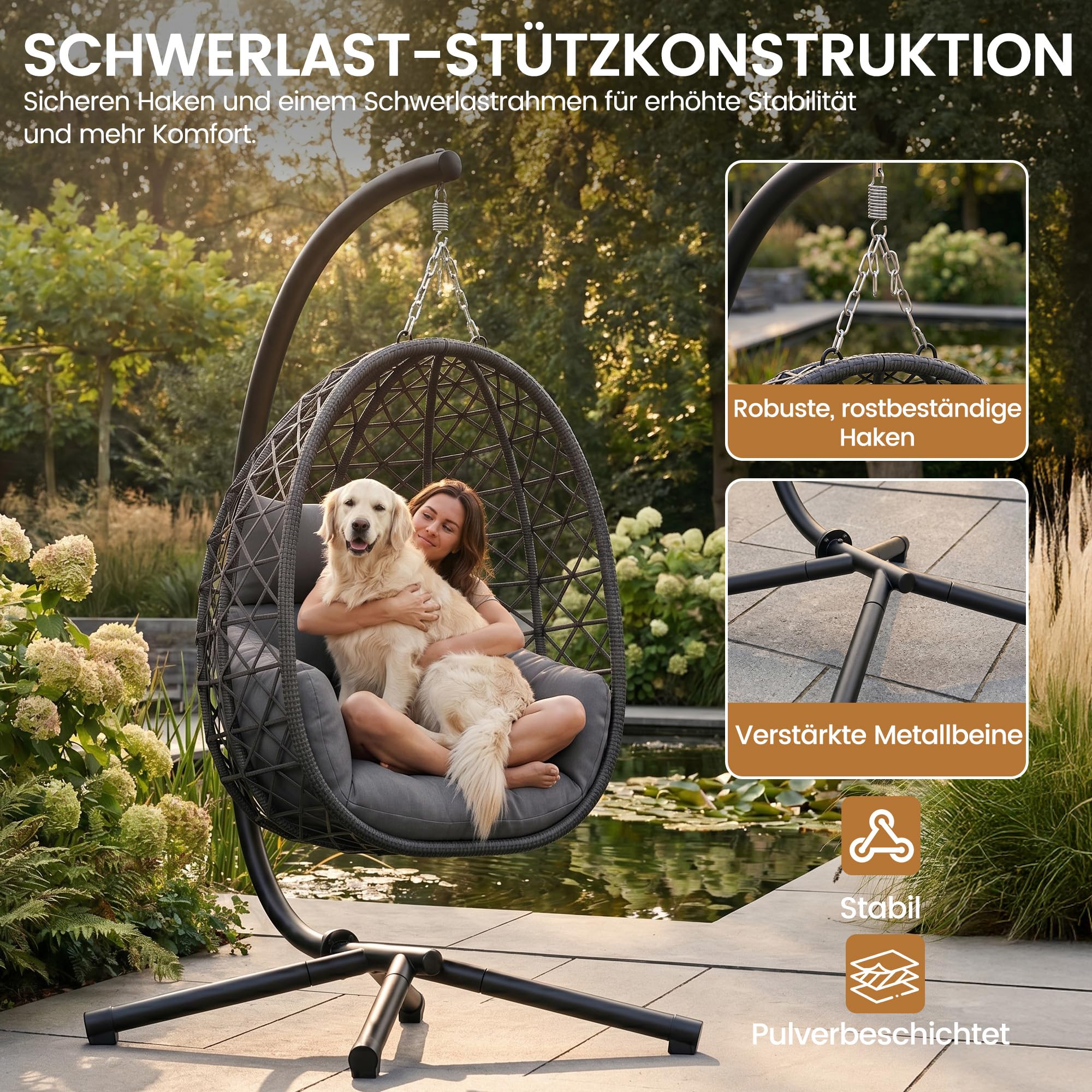 UDPATIO Hängesessel Outdoor mit Gestell, Indoor Hängeschaukel, Hängestuhl bis 160kg, Relaxschaukel mit 18cm Dicke Kissen, Schaukel Sessel Garten, Balkon, Grau