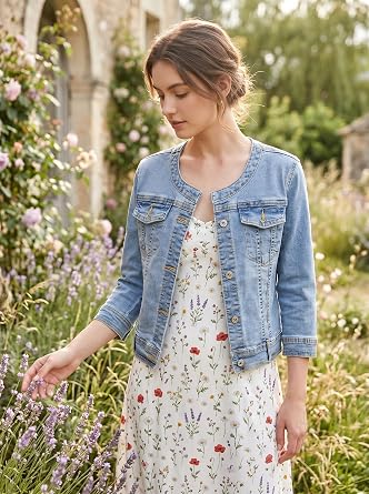 Kedera Stretchy Denim Jacket for Women Collarless 2026 Cardigan 3/4 Sleeve Crew Neck Crop Jean Jackets