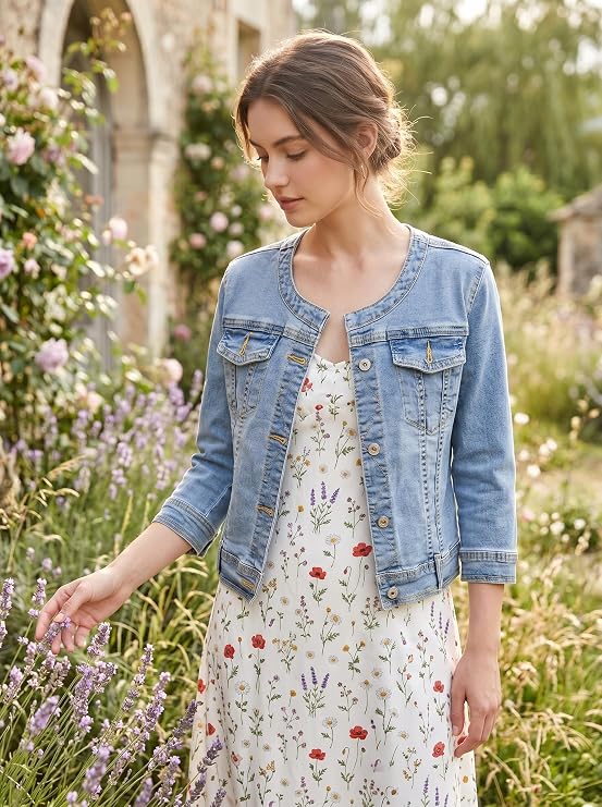 Kedera Stretchy Denim Jacket for Women Collarless 2026 Cardigan 3/4 Sleeve Crew Neck Crop Jean Jackets