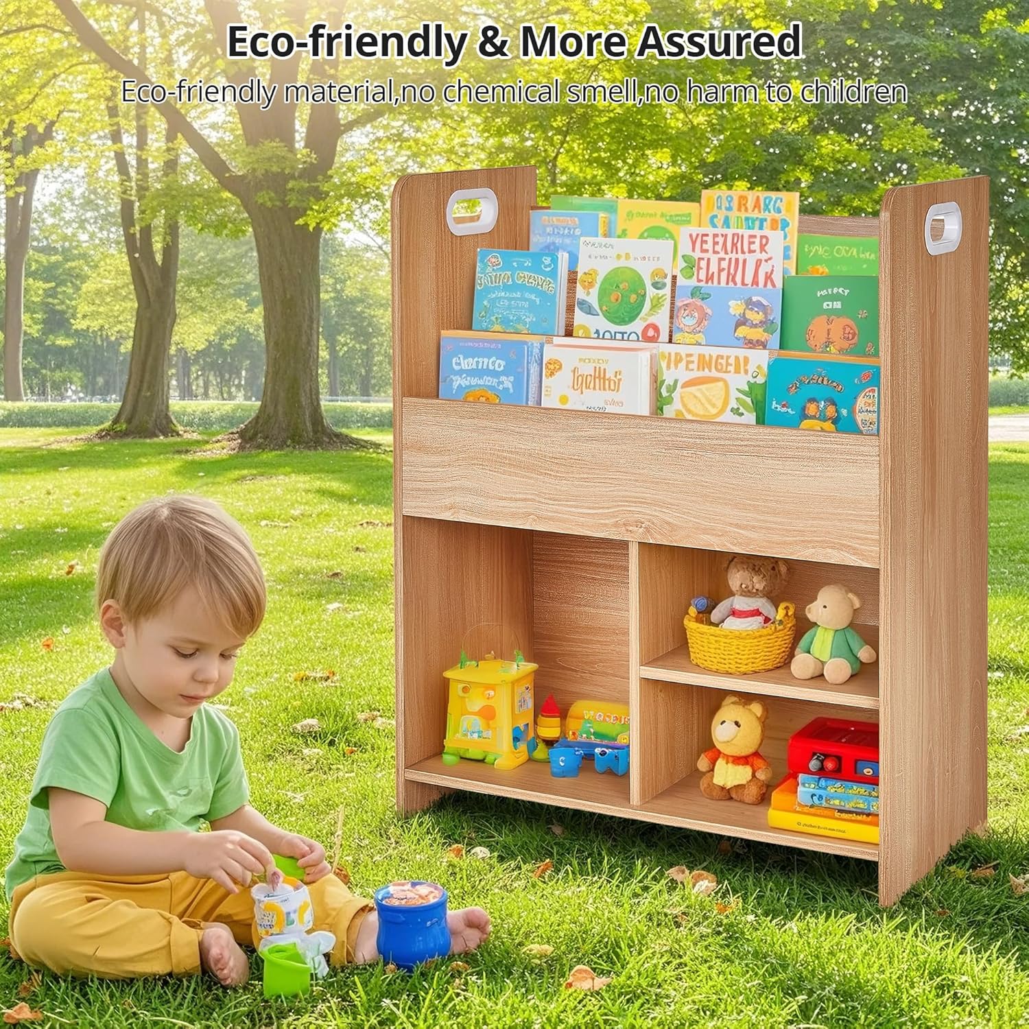 VECELO Wooden Children’s Bookshelf - Kids Book Organizer with 3-Tier Display and 2-Tier Storage Compartments, Easy-to-Access Toddler Bookcase for Playroom, Bedroom, or Nursery - Teak - Image 6