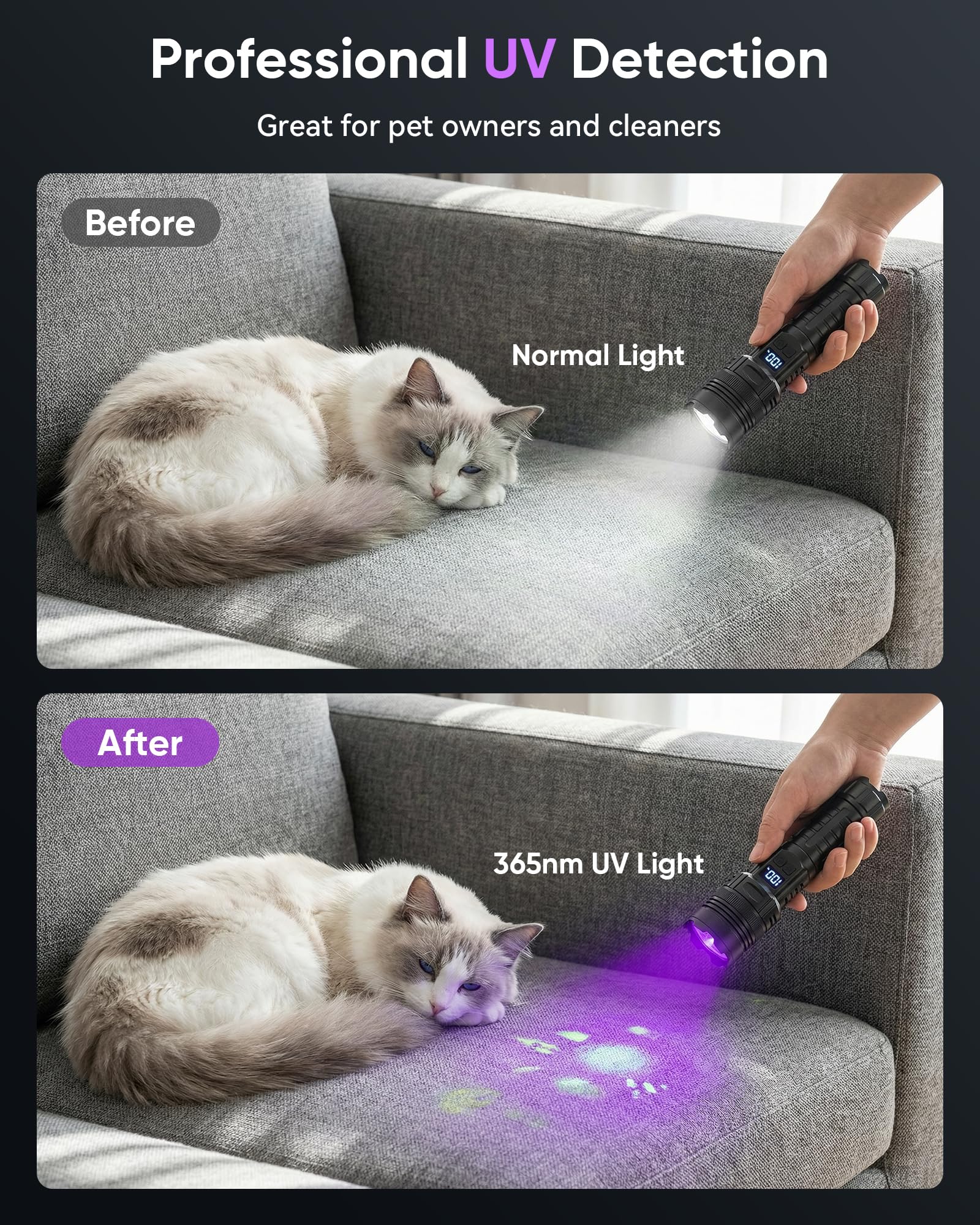 MOWETOO Blacklight latarka 365 NM UV i białe światło 2N1, ładowana przez USB C, z wyświetlaczem LCD, możliwość powiększenia, czarne światło do wykrywania moczu zwierząt domowych, utwardzania żywicy