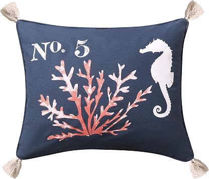 Levtex Home - Bakio - Decorative Pillow 14 X 18in. - Seahorse and Coral - Navy, Coral and White
