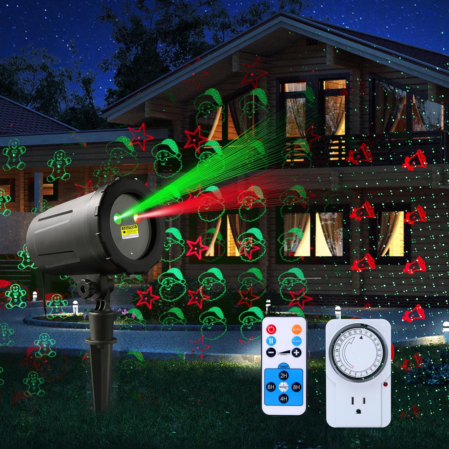 Outdoor Christmas Laser Projector – 8 Patterns, Red & Green – Waterproof Laser Lights with Remote Control & Timer for Lawn, Garden, Yard, and Patio Decorations
