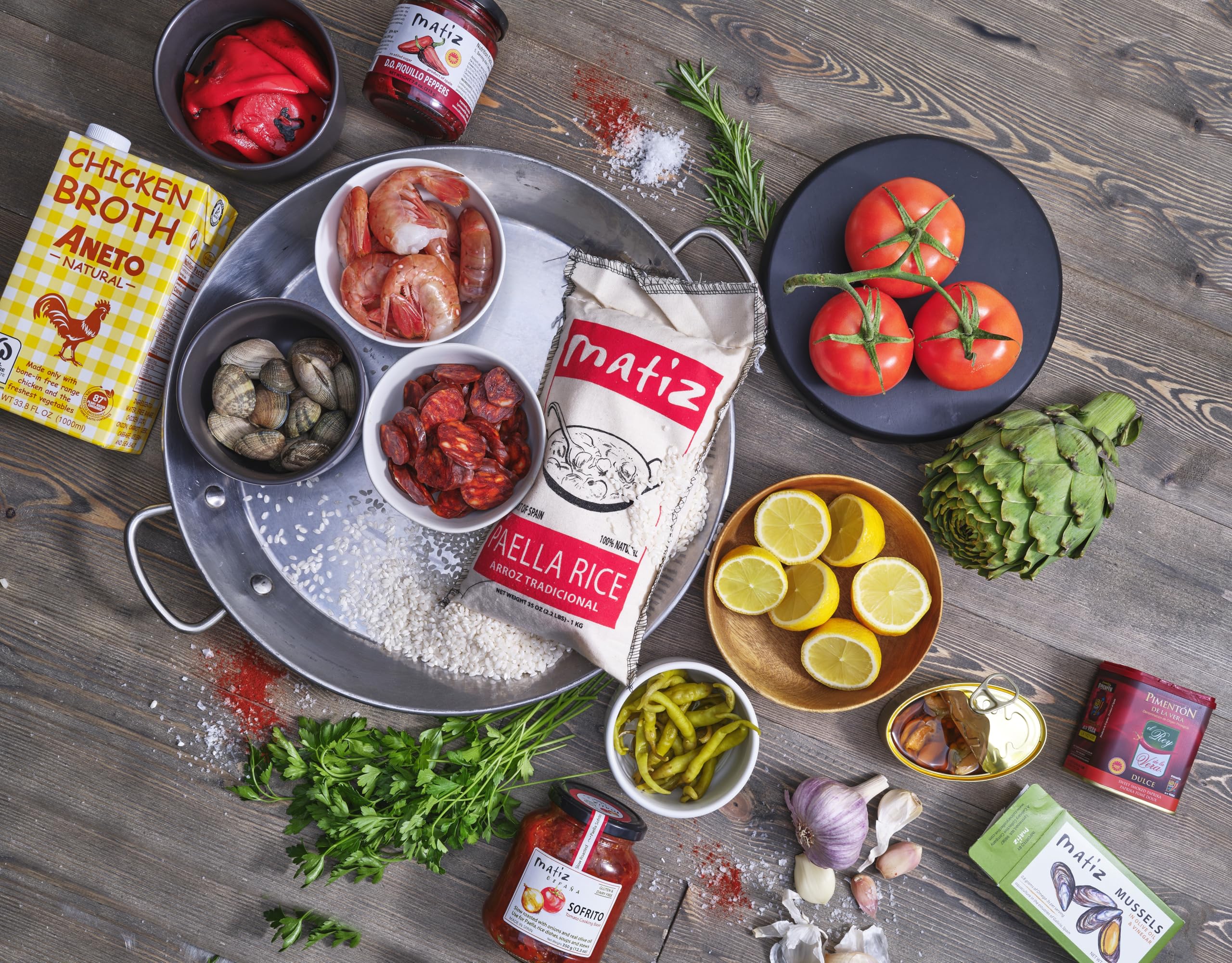 Matiz España Deluxe - Juego de regalo de cocina de paella, ingredientes españoles auténticos | Sartén tradicional, regalo de cocina gourmet y horneado para los amantes de la comida